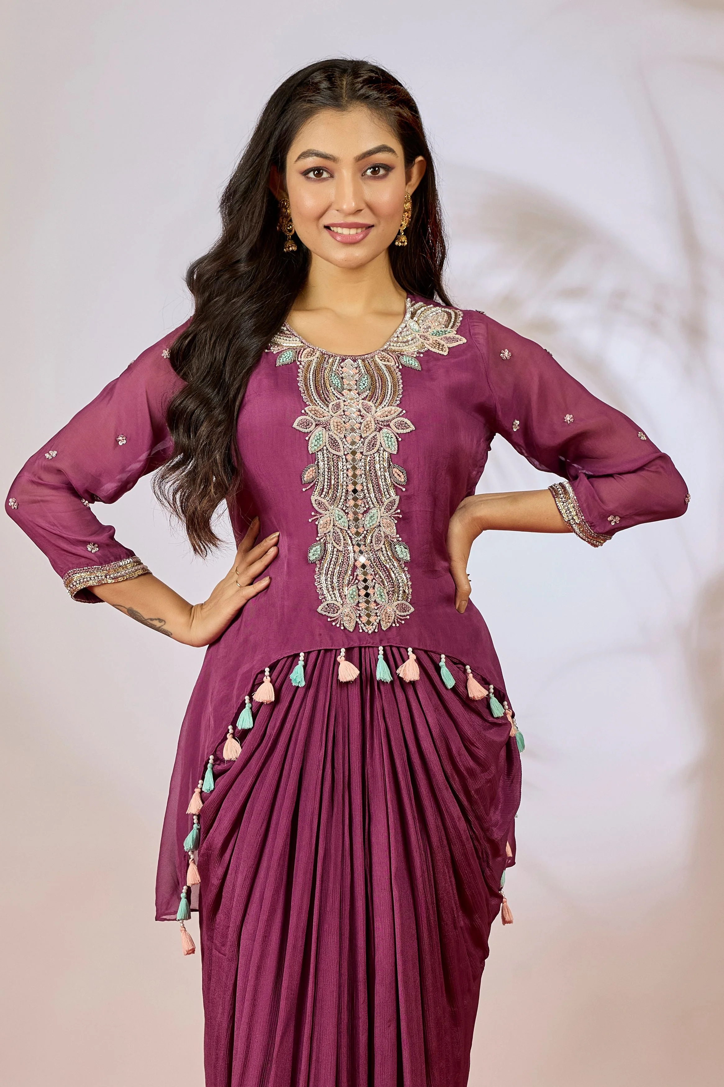 Mulberry Pink Embellished Chinon Silk Tunic Dress - Image 2