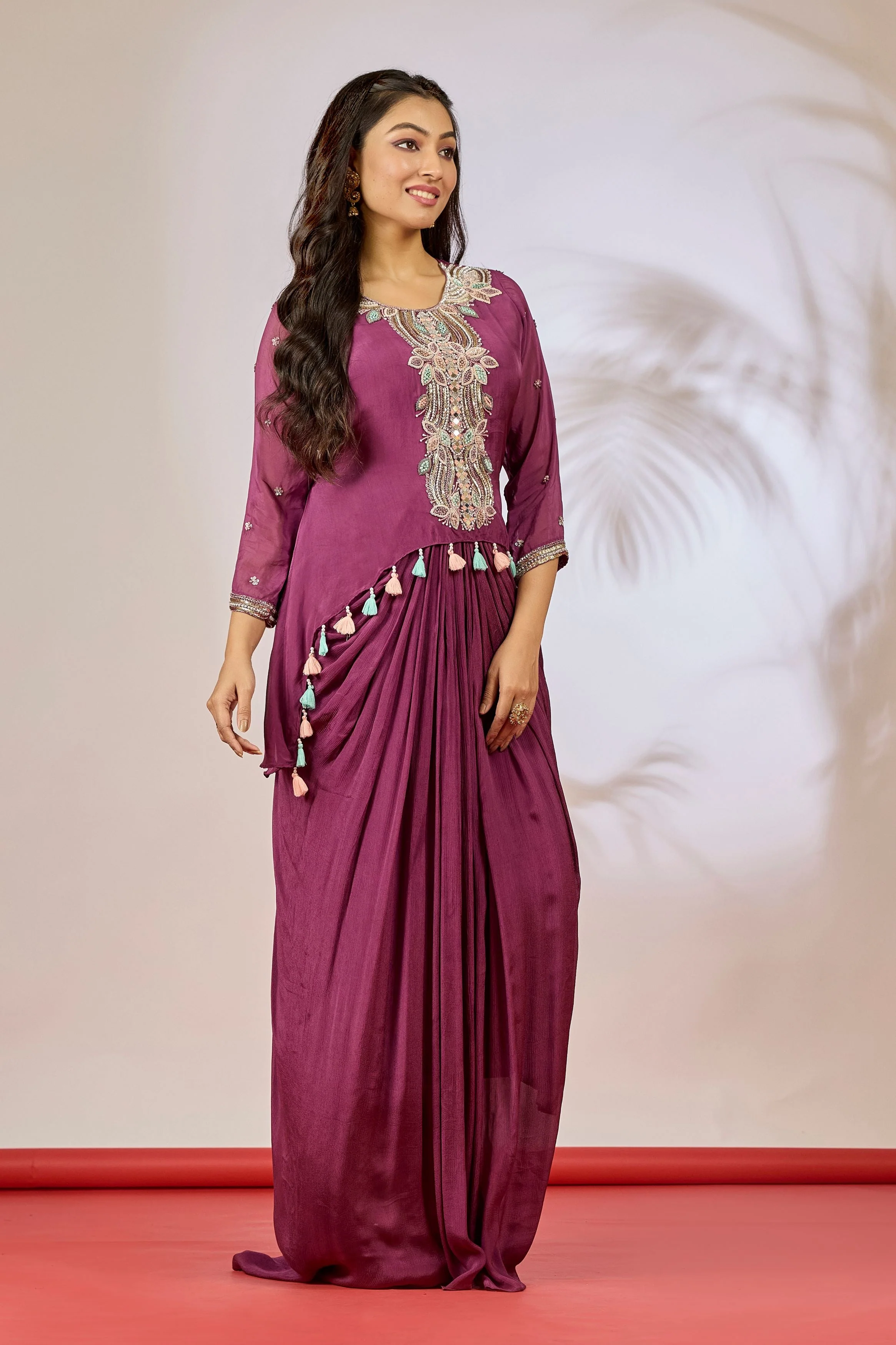 Mulberry Pink Embellished Chinon Silk Tunic Dress - Image 3