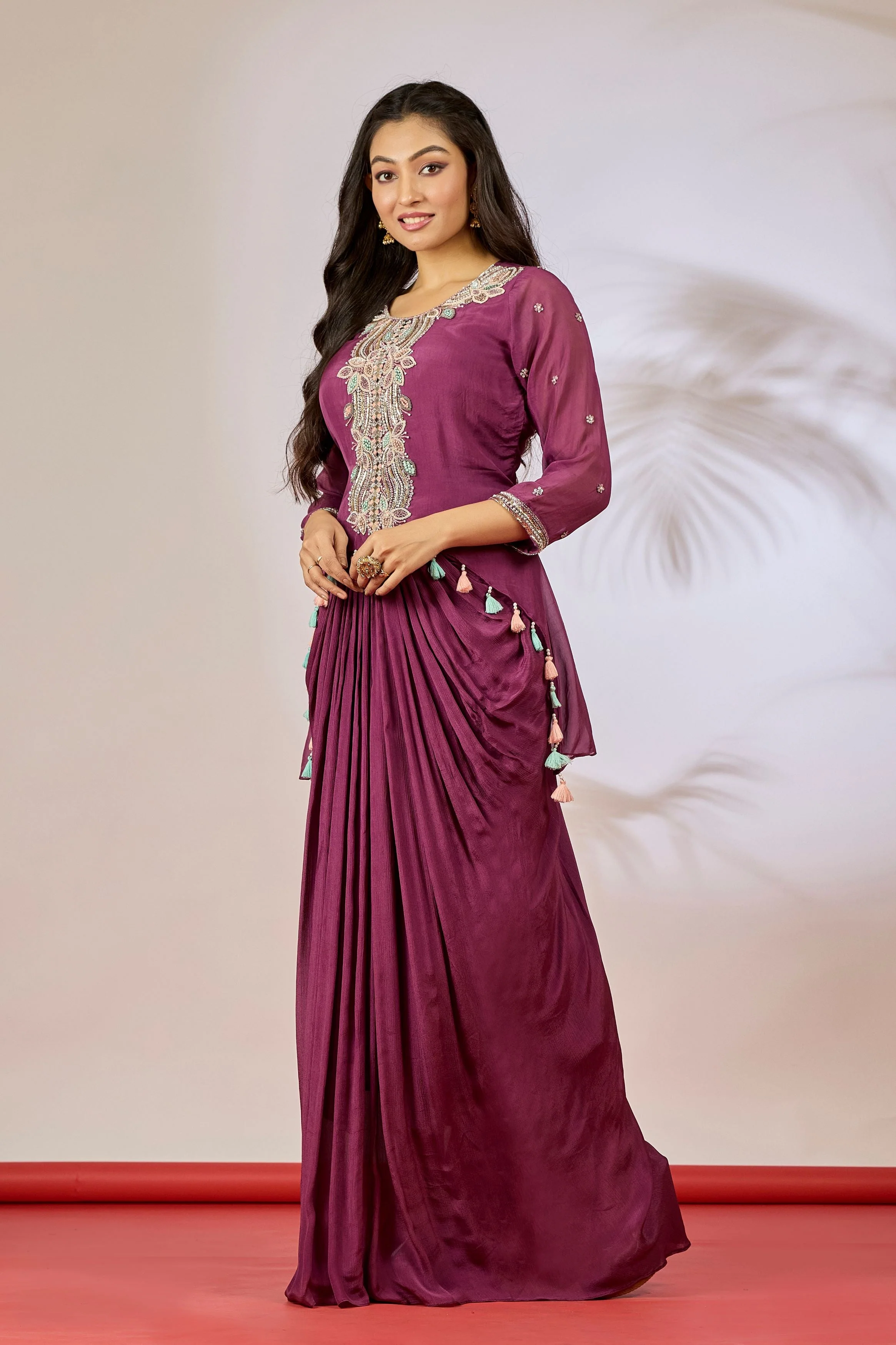 Mulberry Pink Embellished Chinon Silk Tunic Dress - Image 4