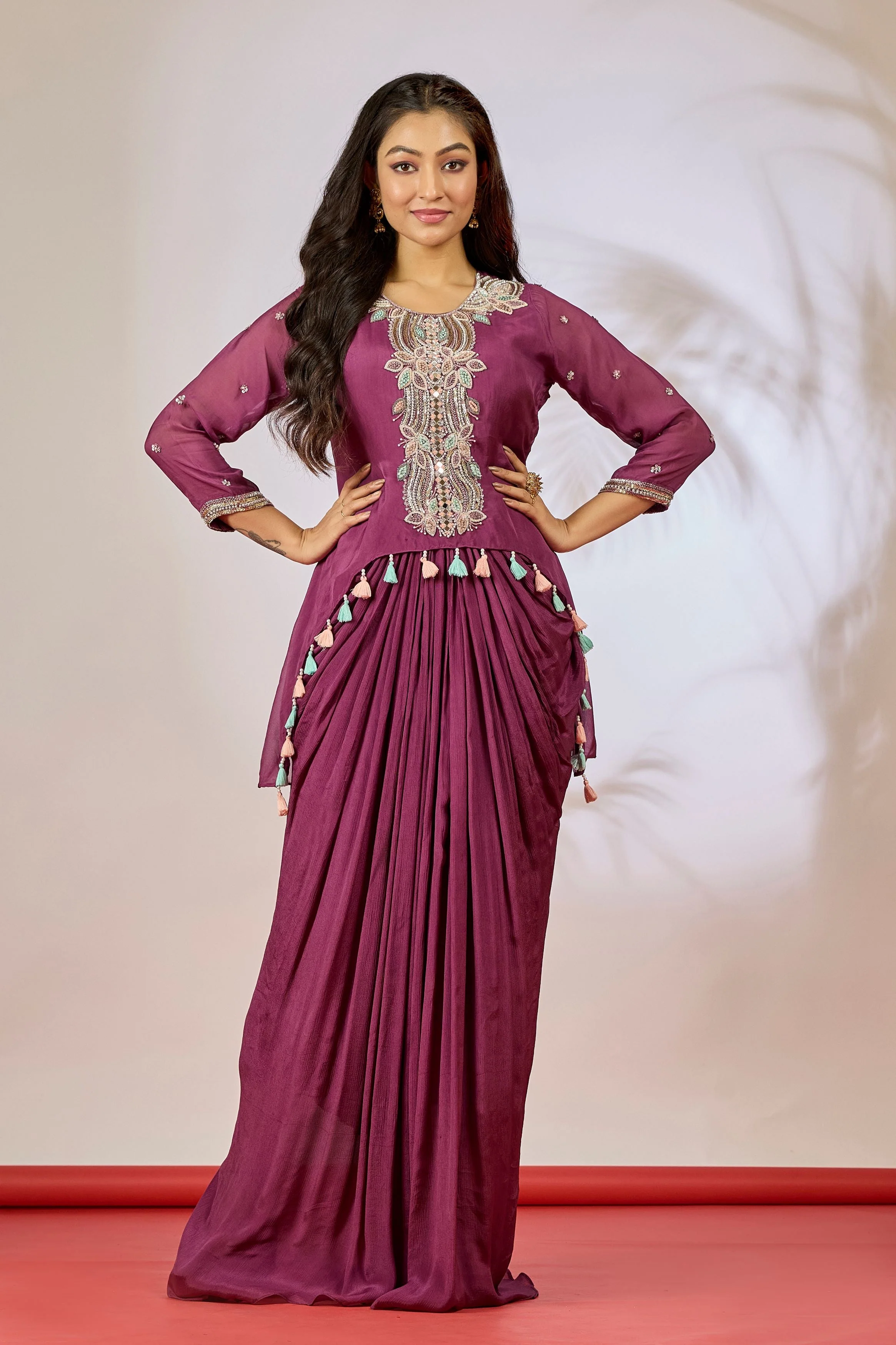 Mulberry Pink Embellished Chinon Silk Tunic Dress - Image 5