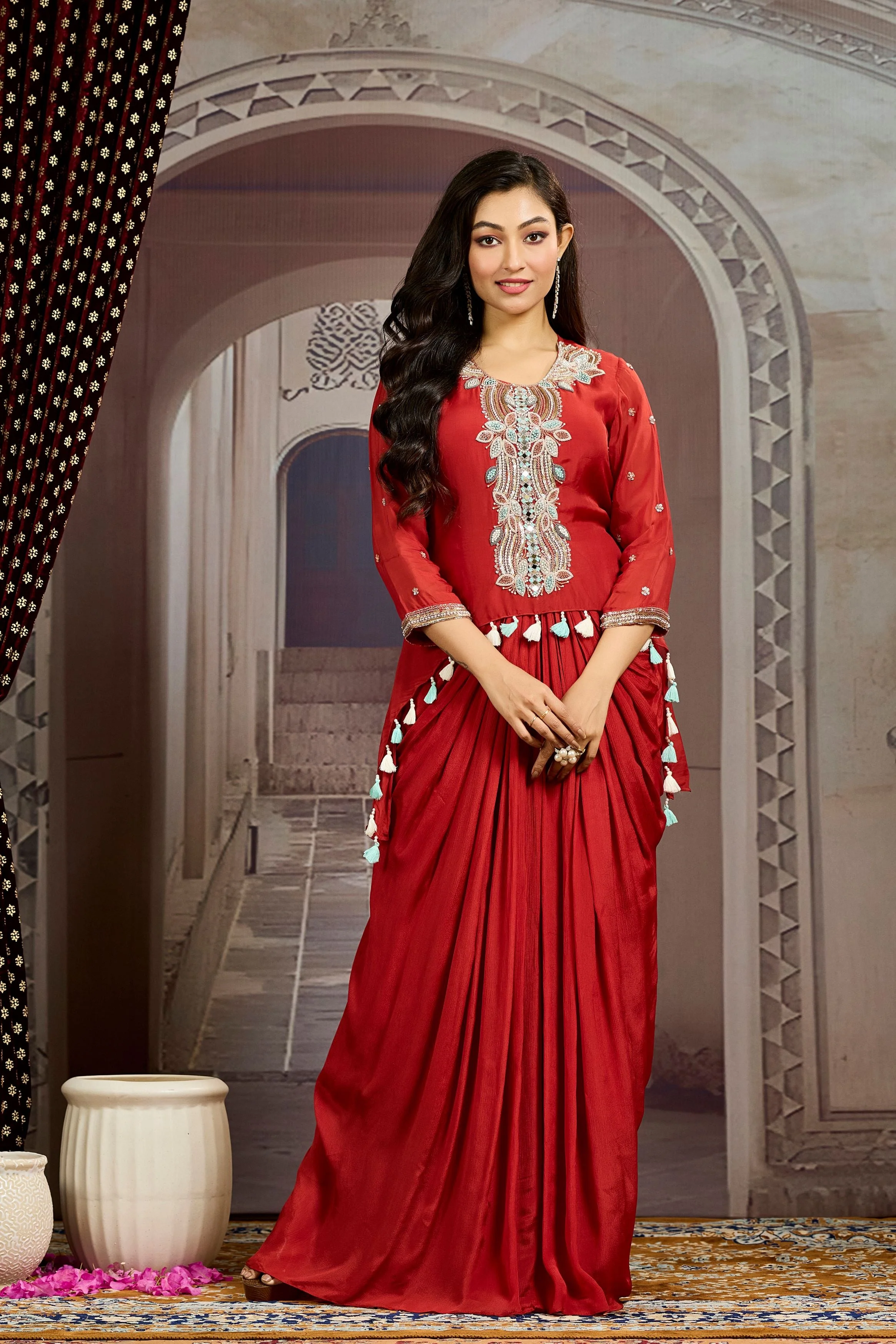Bright Maroon Embellished Chinon Silk Tunic Dress