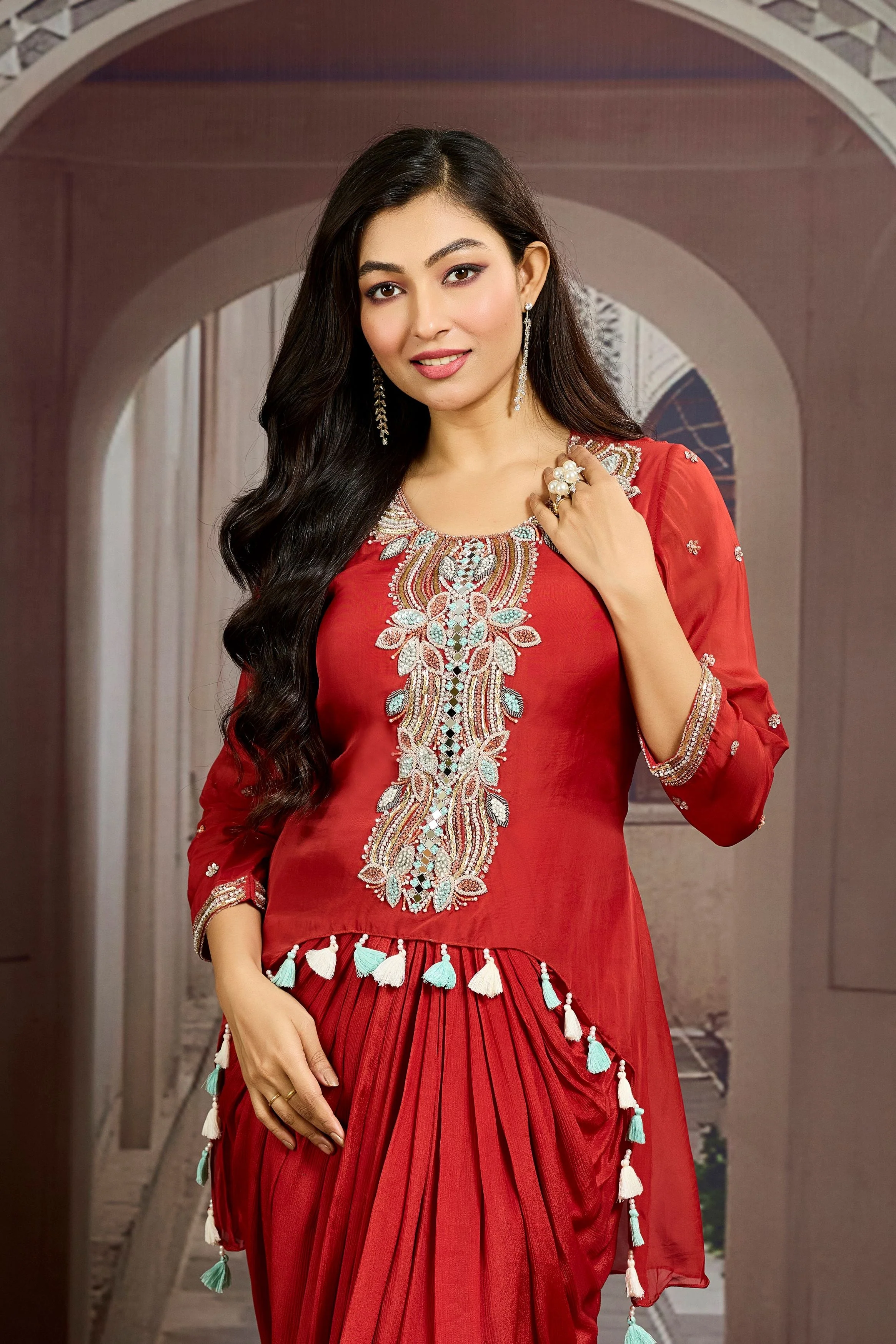 Bright Maroon Embellished Chinon Silk Tunic Dress - Image 2