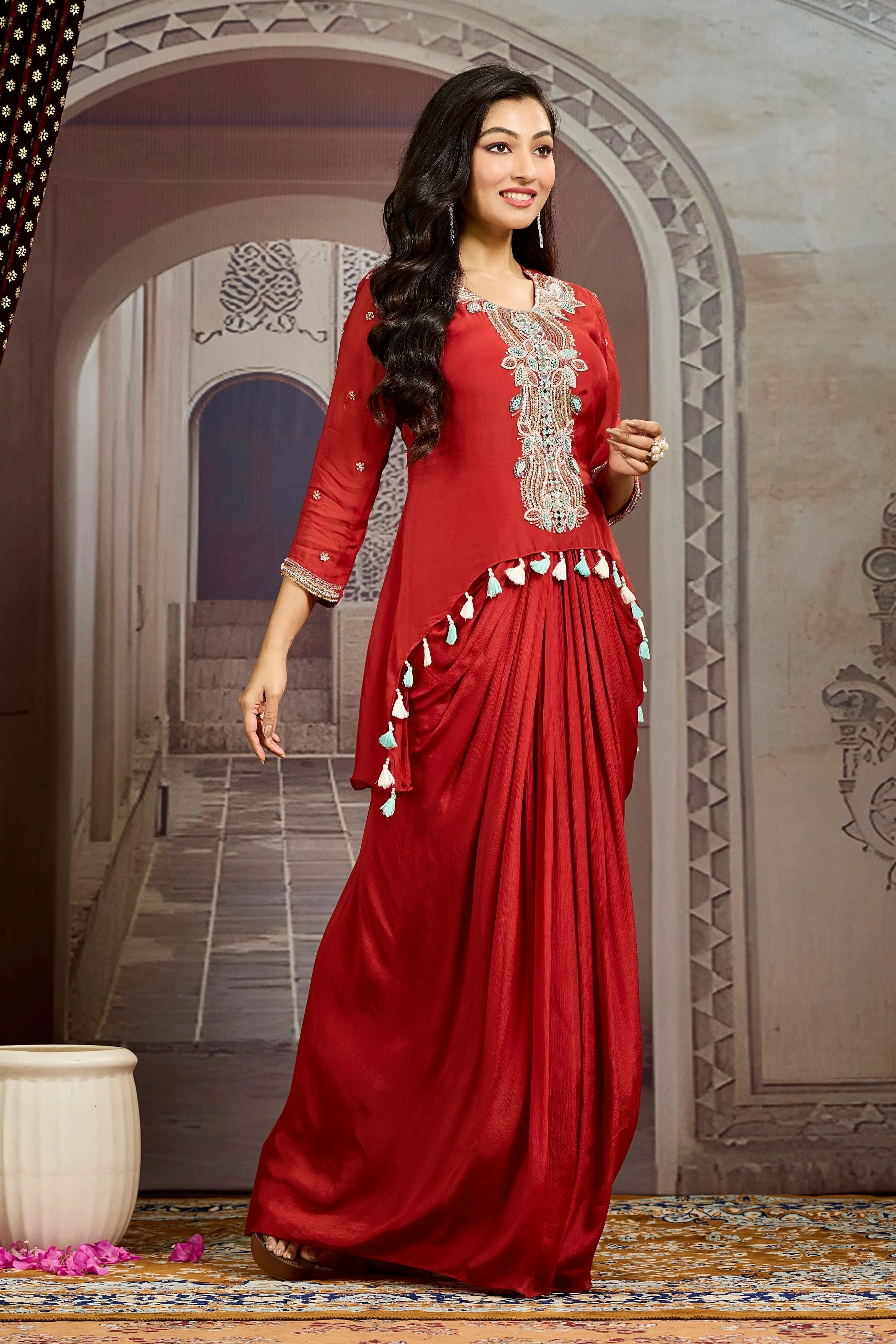 Bright Maroon Embellished Chinon Silk Tunic Dress - Image 3