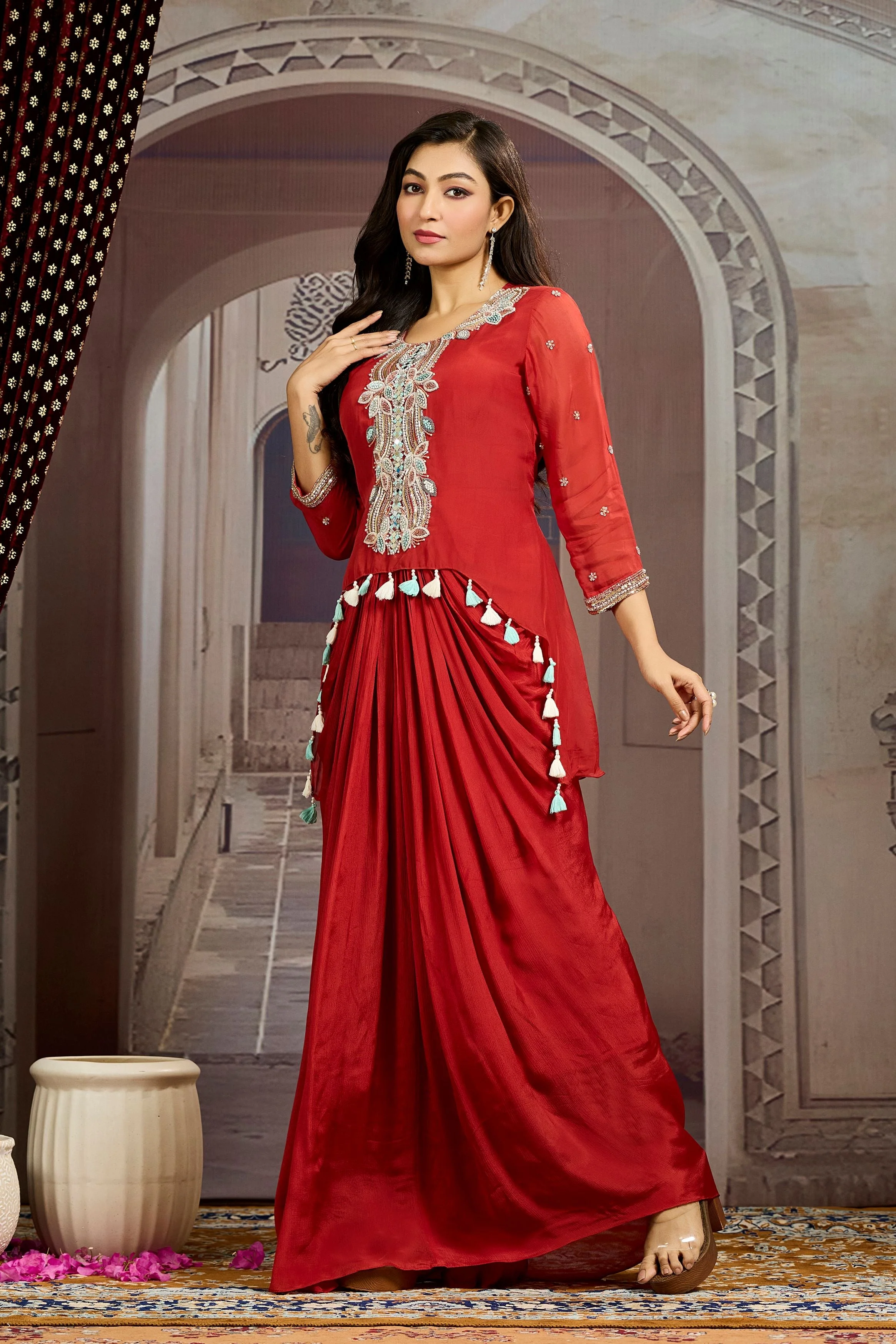 Bright Maroon Embellished Chinon Silk Tunic Dress - Image 4
