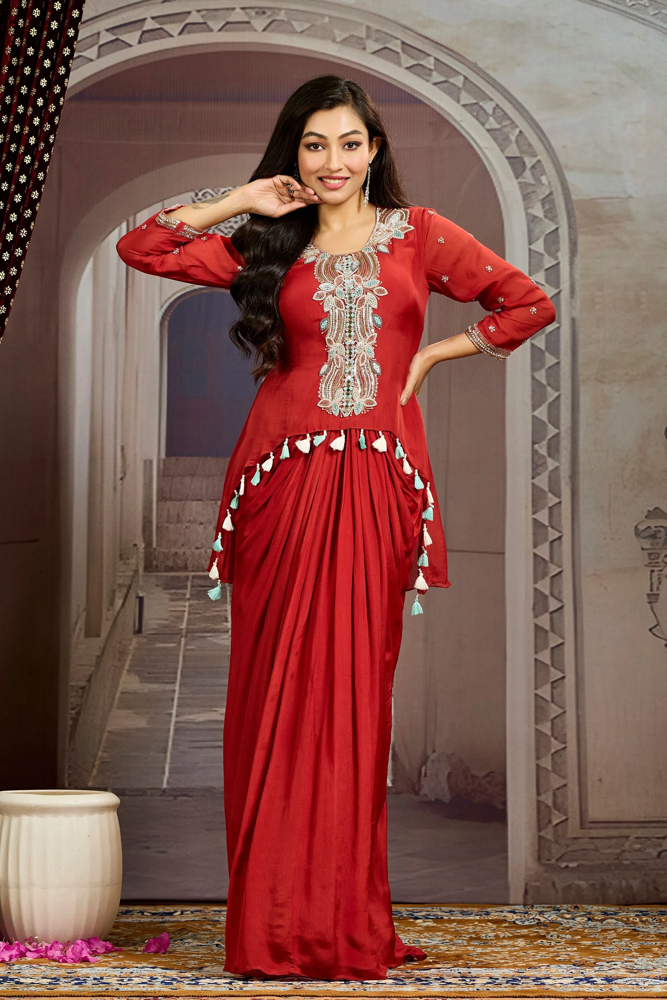 Bright Maroon Embellished Chinon Silk Tunic Dress - Image 5