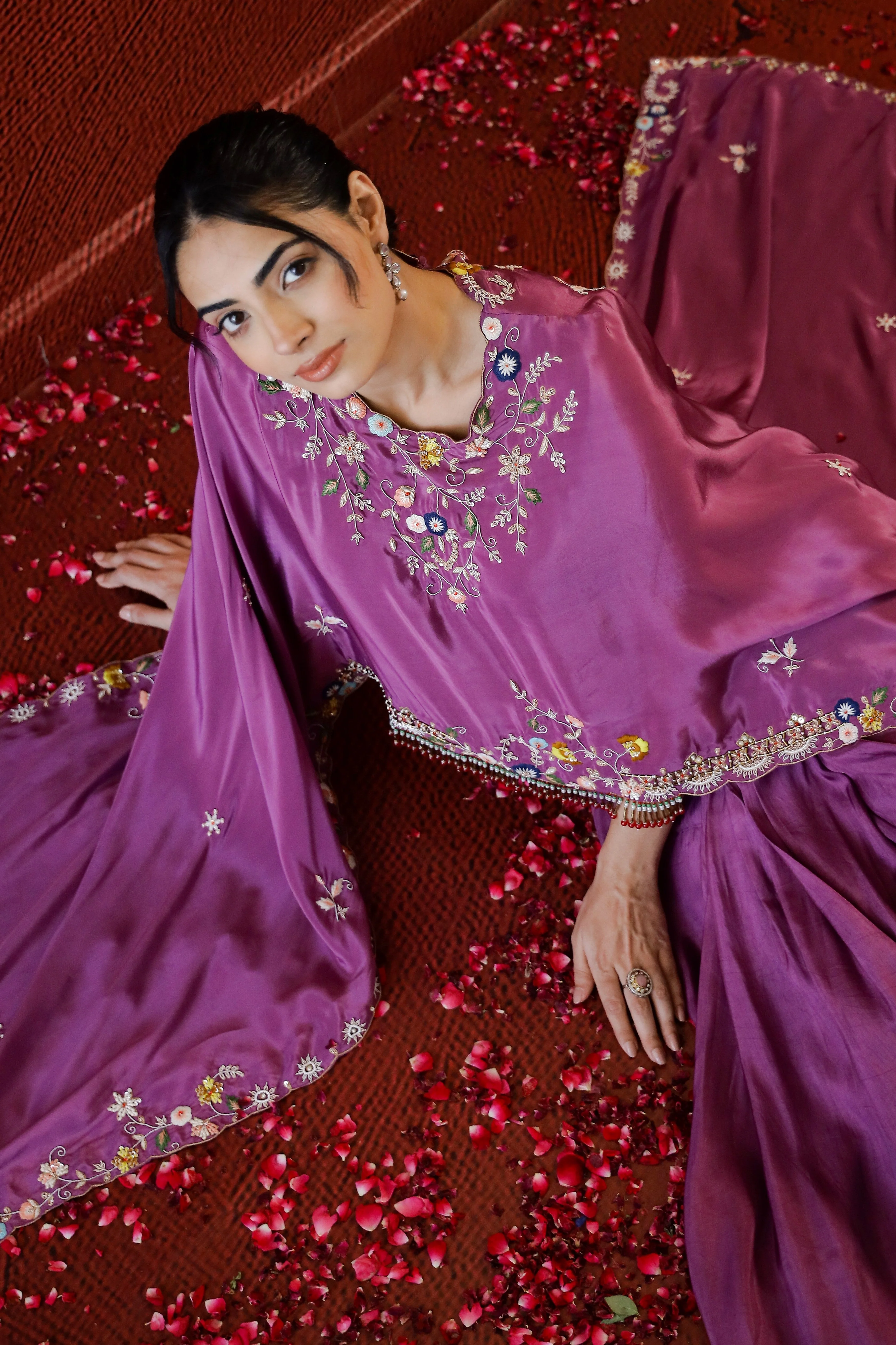 Mulberry Pink Embroidered Spanish Silk Skirt Set - Image 2