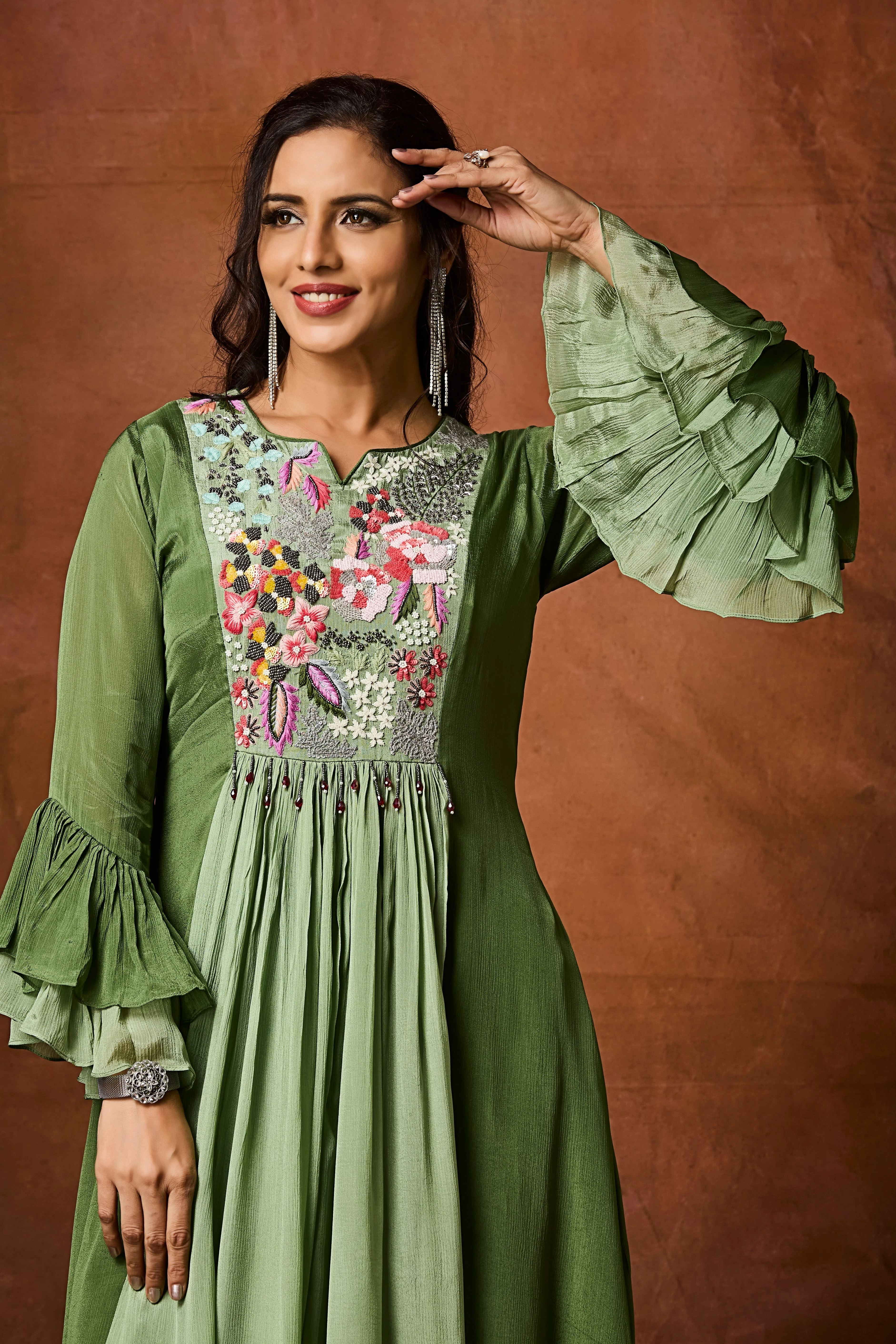 Deep Moss Green Embellished Chinon Silk Palazzo Set - Image 2