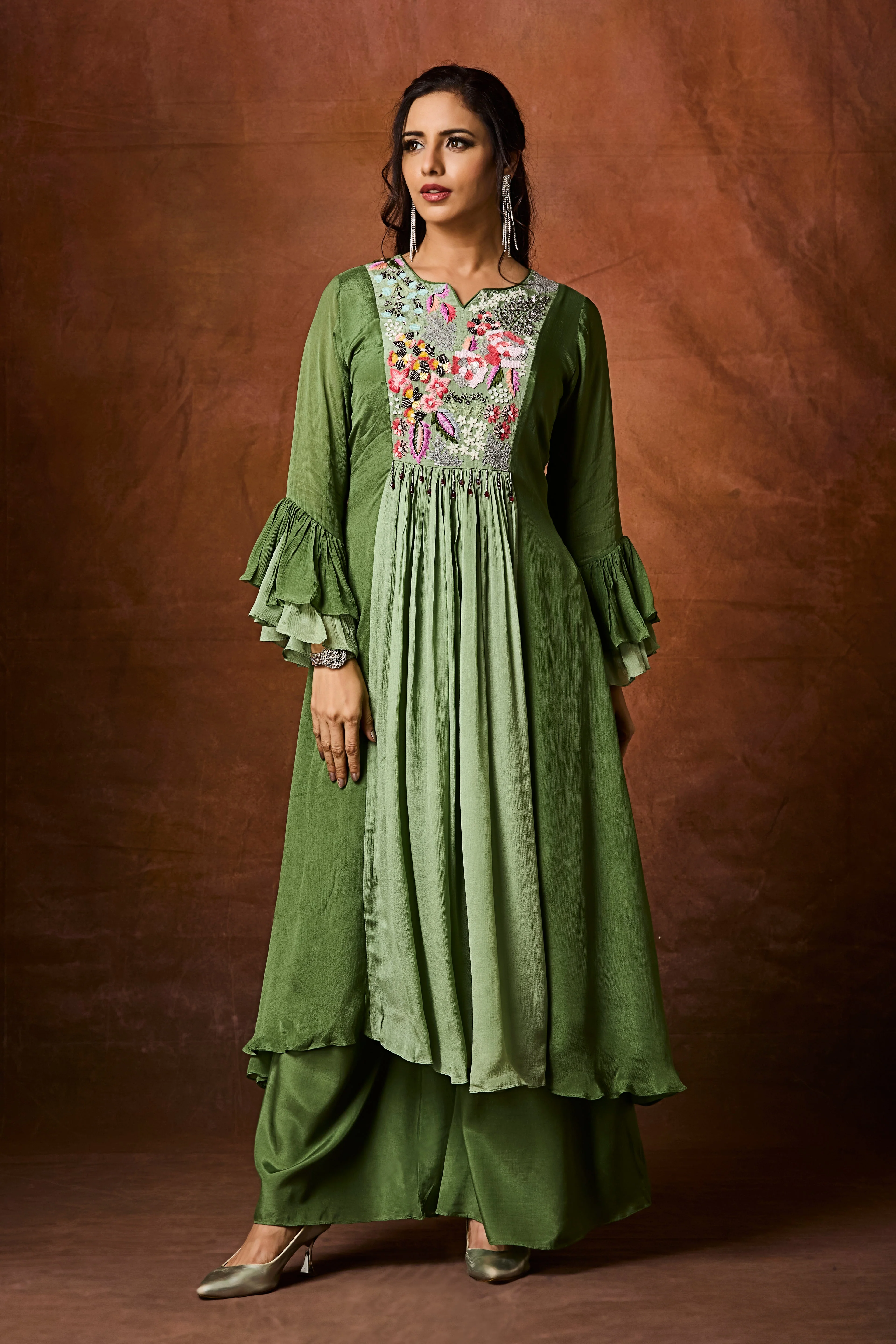 Deep Moss Green Embellished Chinon Silk Palazzo Set - Image 3