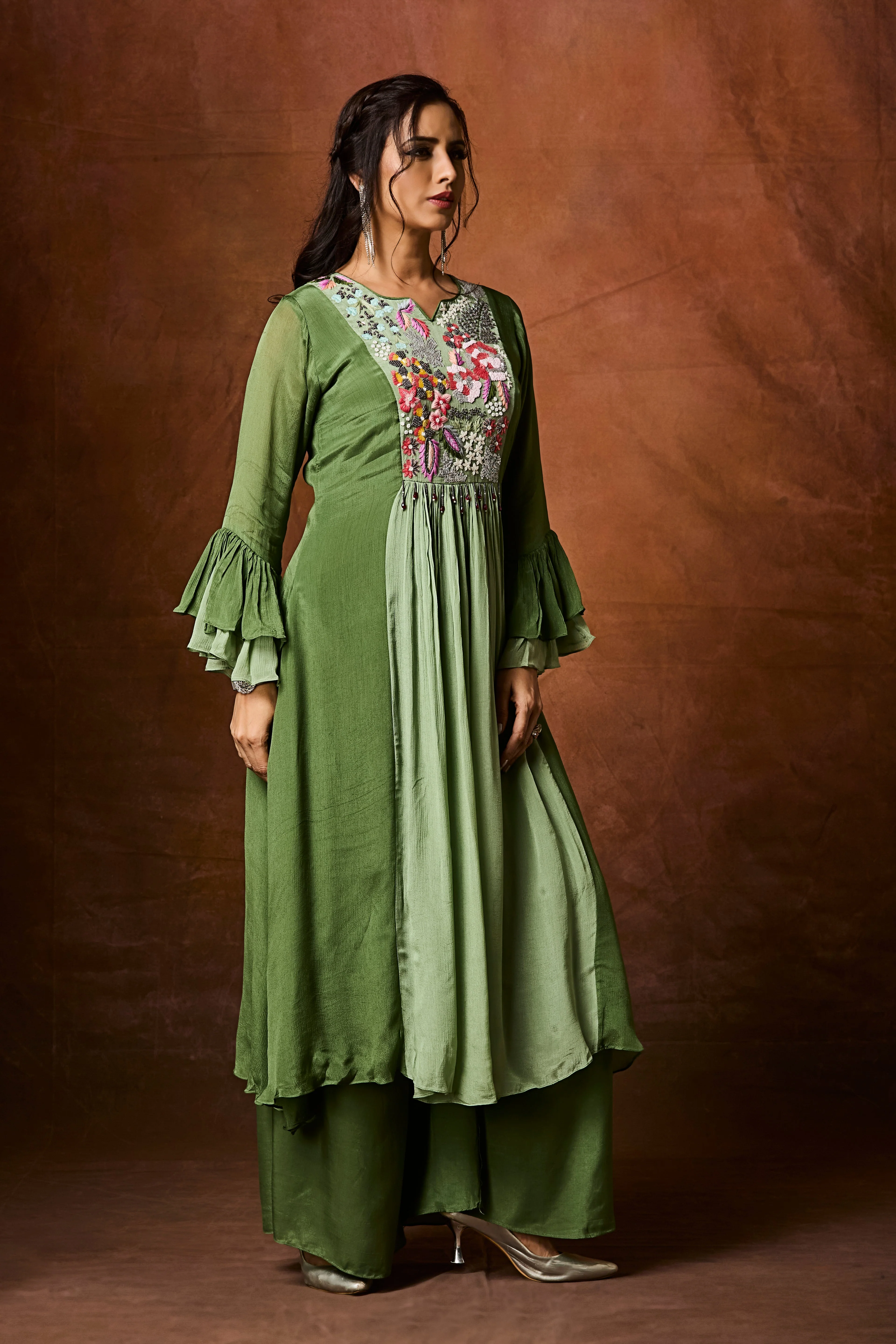 Deep Moss Green Embellished Chinon Silk Palazzo Set - Image 4