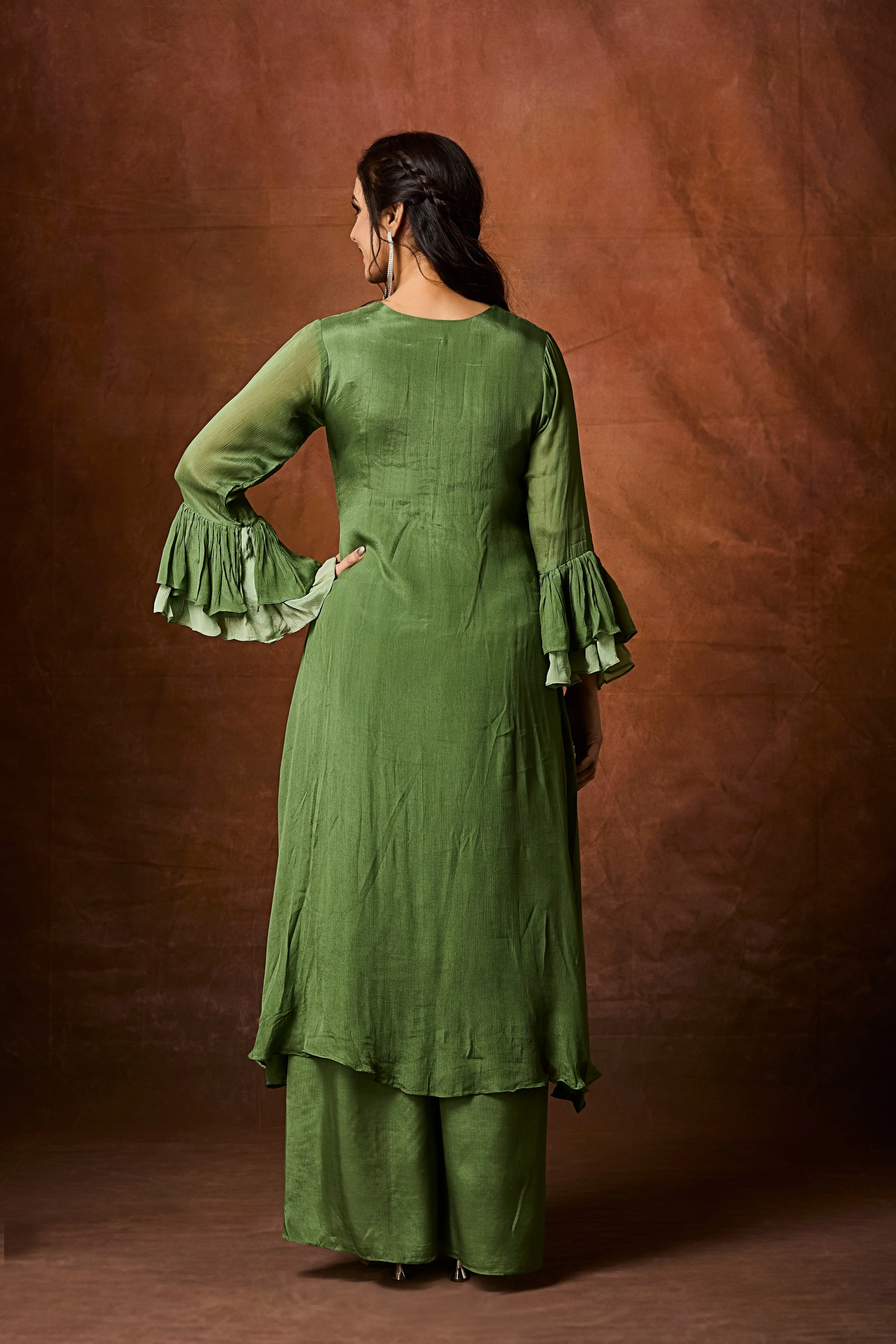 Deep Moss Green Embellished Chinon Silk Palazzo Set - Image 5