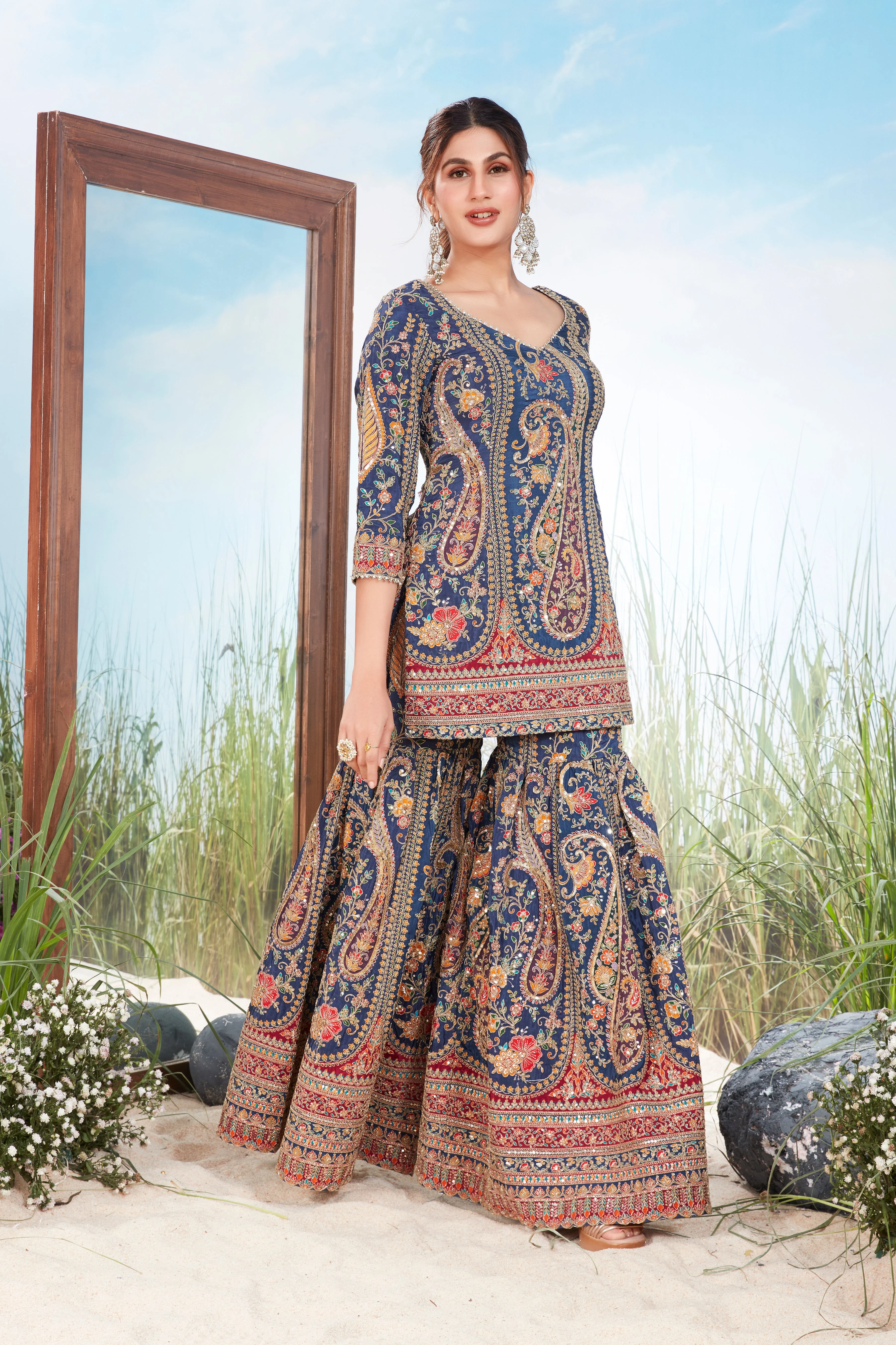 Deep Indigo Blue Embellished Raw Silk Sharara Set - Image 2