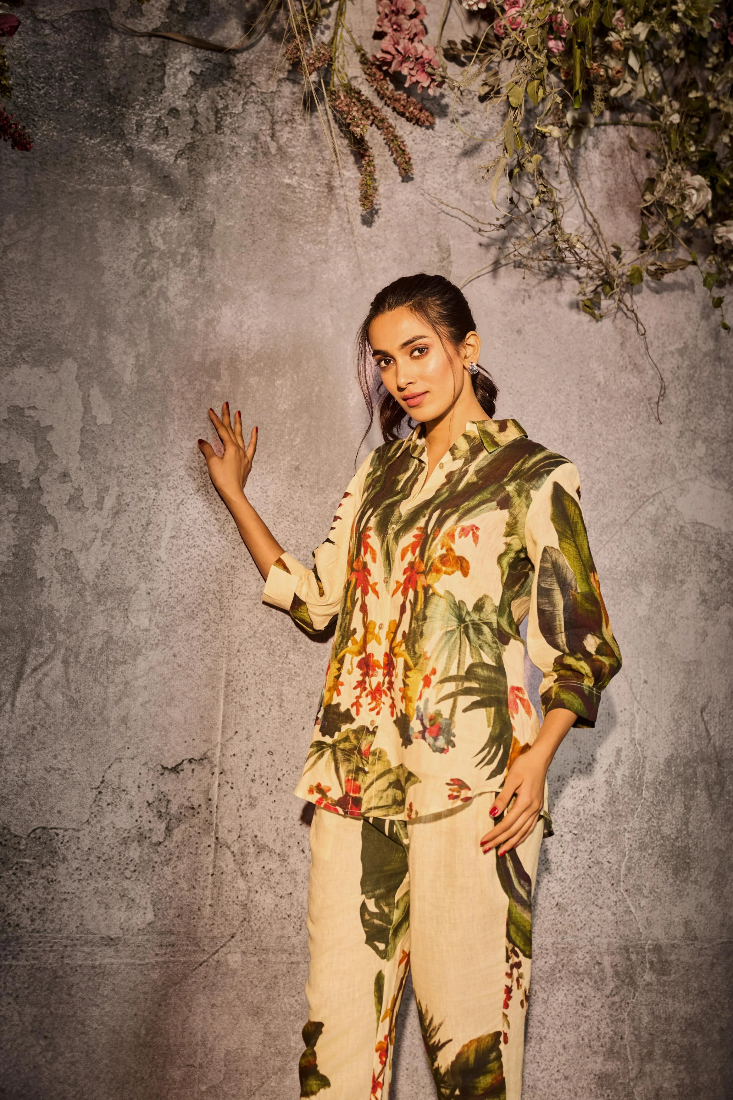 Cream Floral Printed Linen Silk Co-Ord Set - Image 3