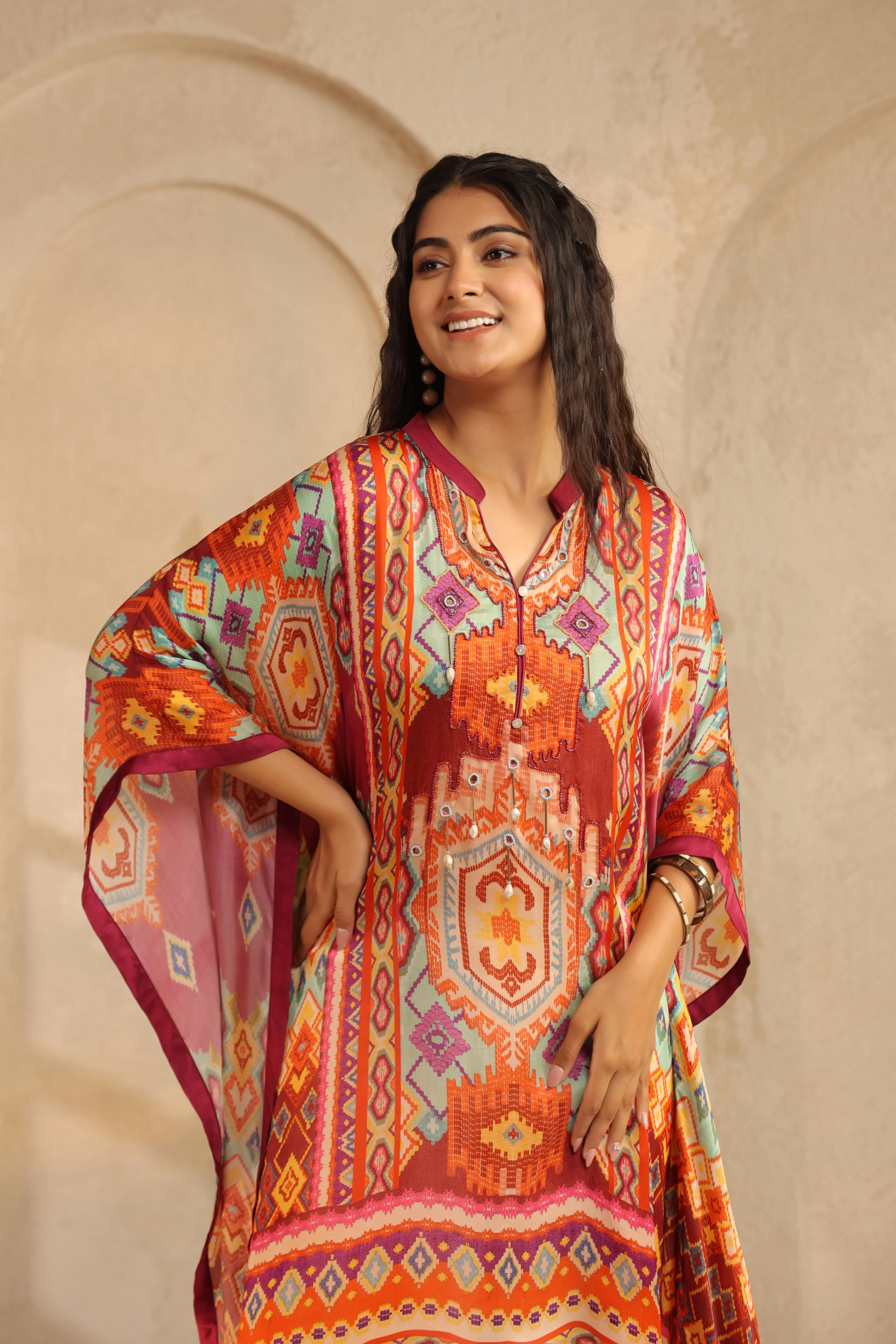 Multi-Color Ikat Printed Satin Silk Poncho Top - Image 2