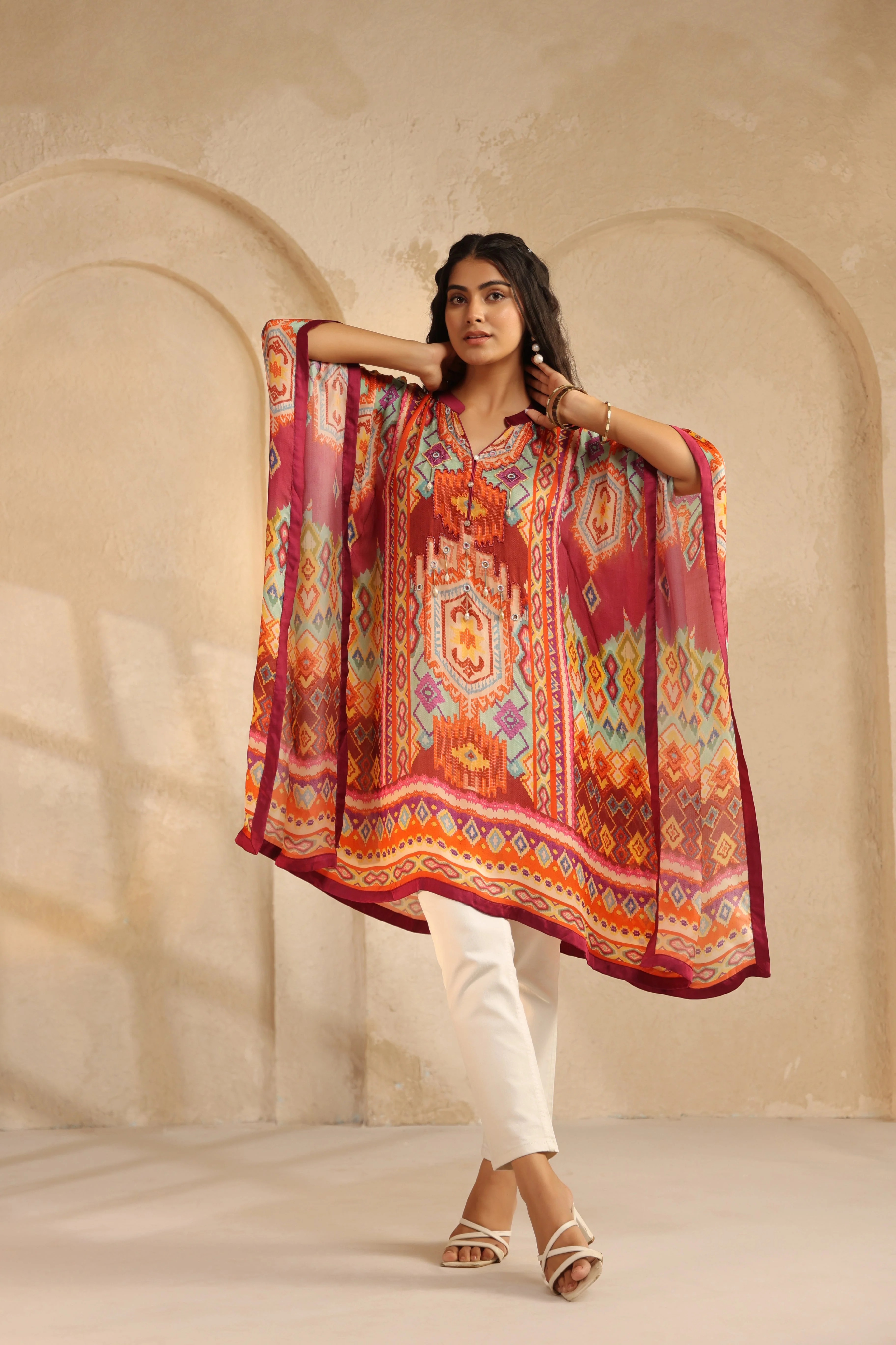 Multi-Color Ikat Printed Satin Silk Poncho Top - Image 3