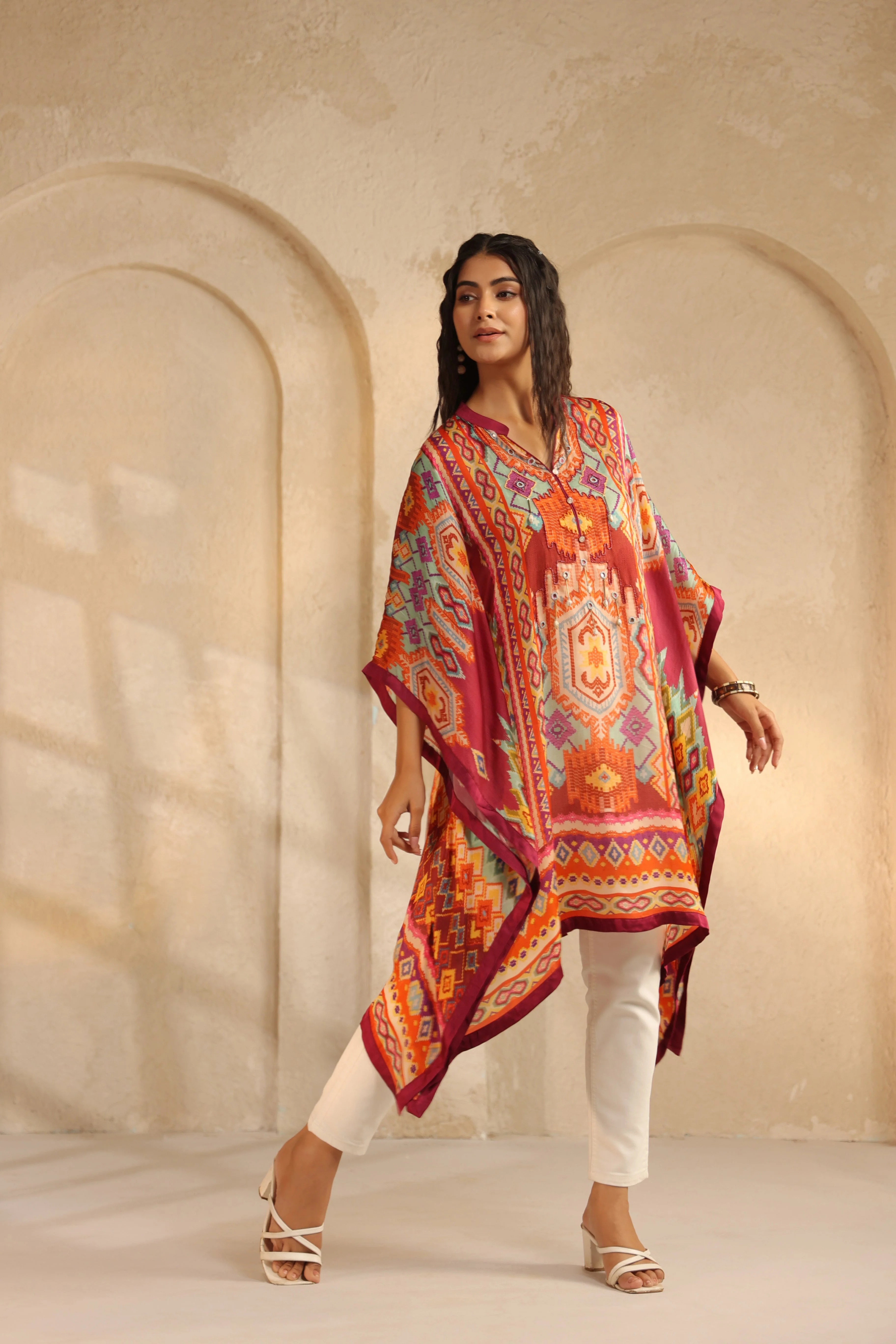 Multi-Color Ikat Printed Satin Silk Poncho Top - Image 4