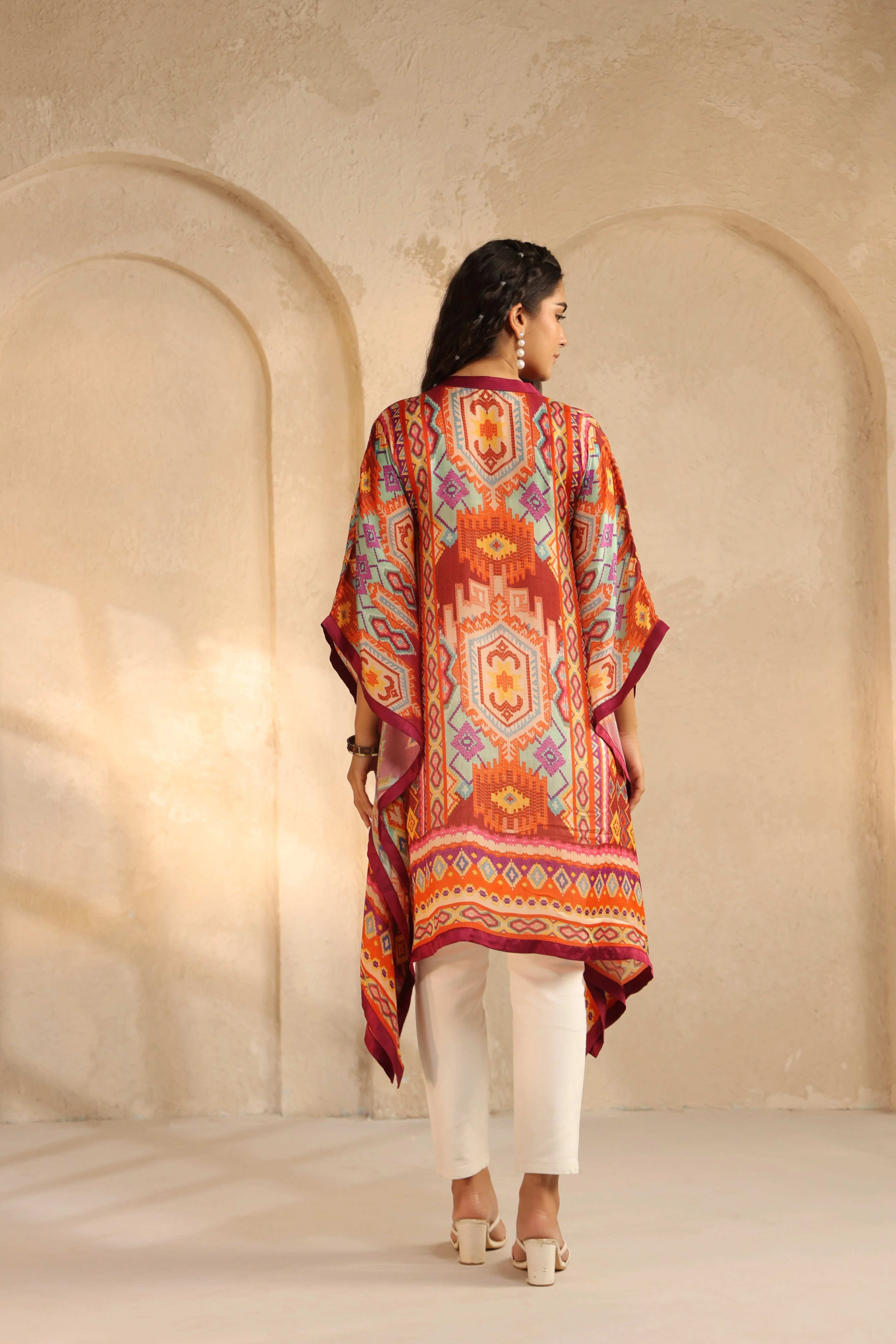 Multi-Color Ikat Printed Satin Silk Poncho Top - Image 5
