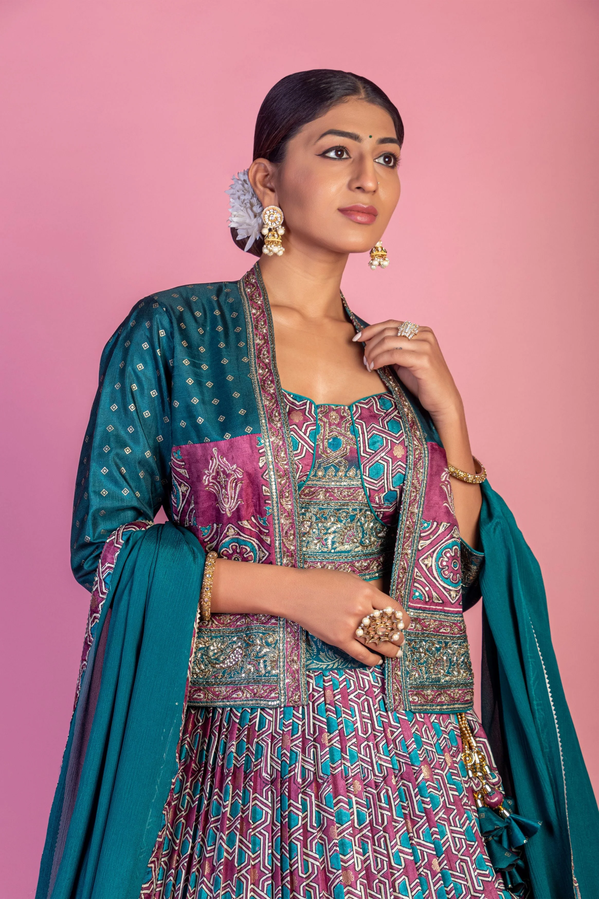 Teal Printed Brocade Silk Lehanga Set - Image 2