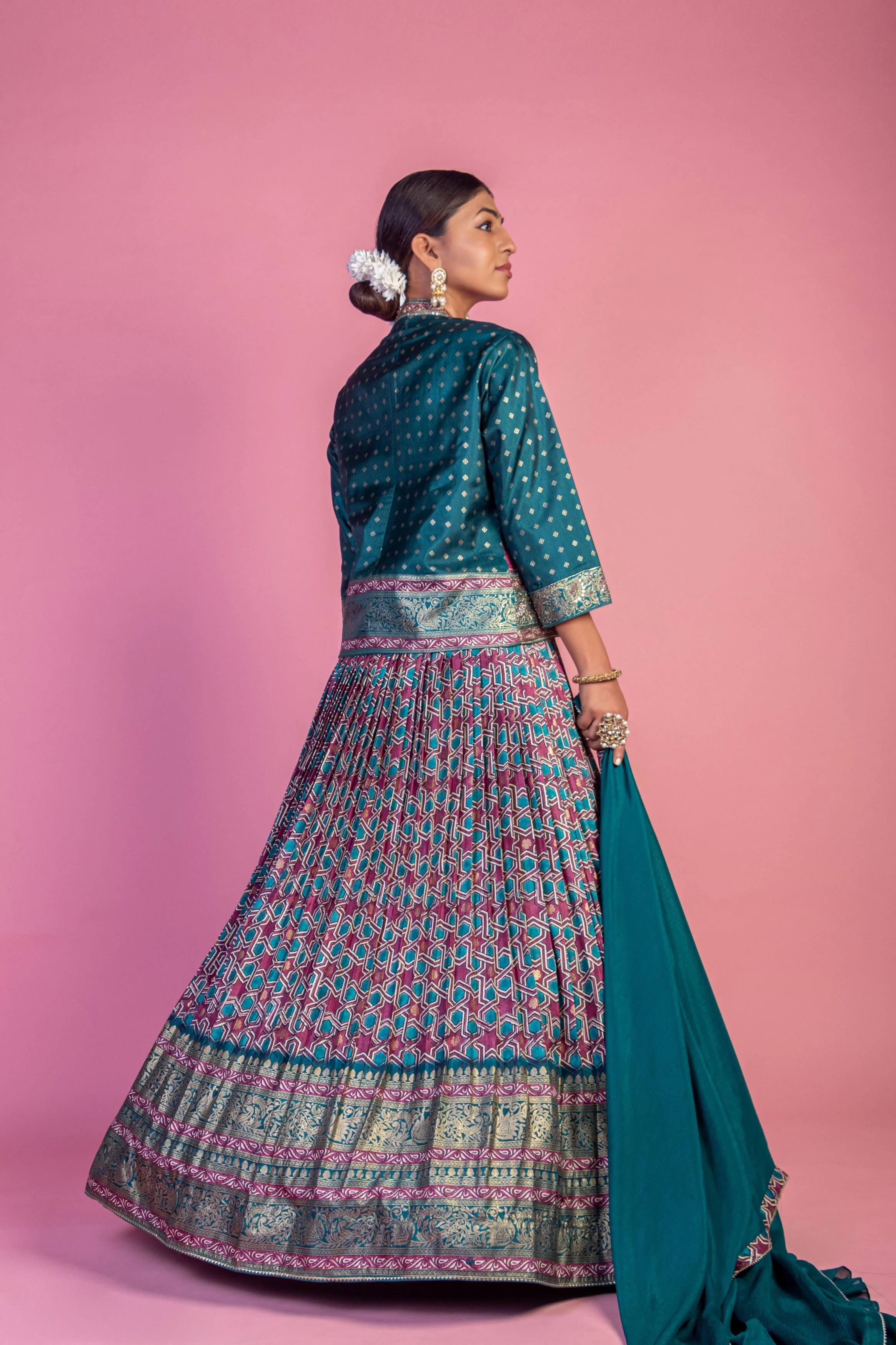 Teal Printed Brocade Silk Lehanga Set - Image 3