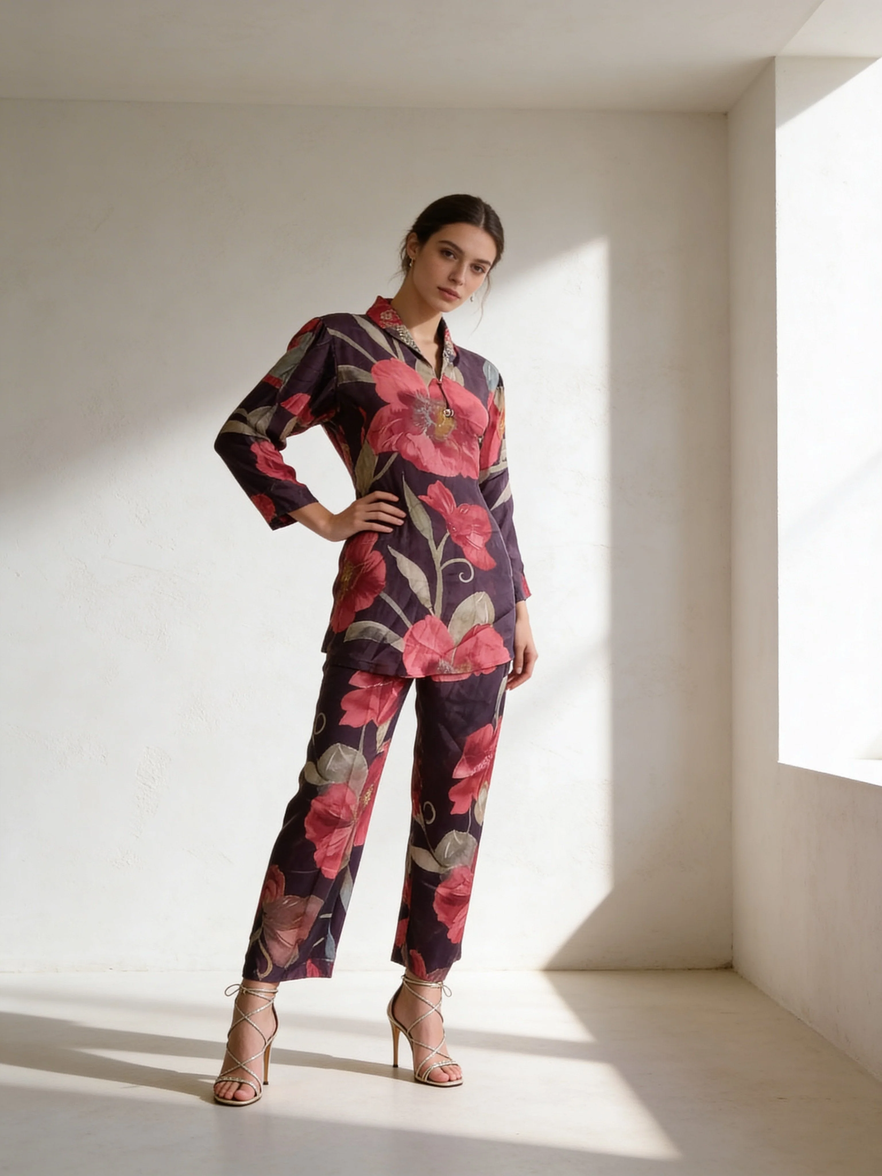 Brown Floral Crepe Silk Co-ord Set