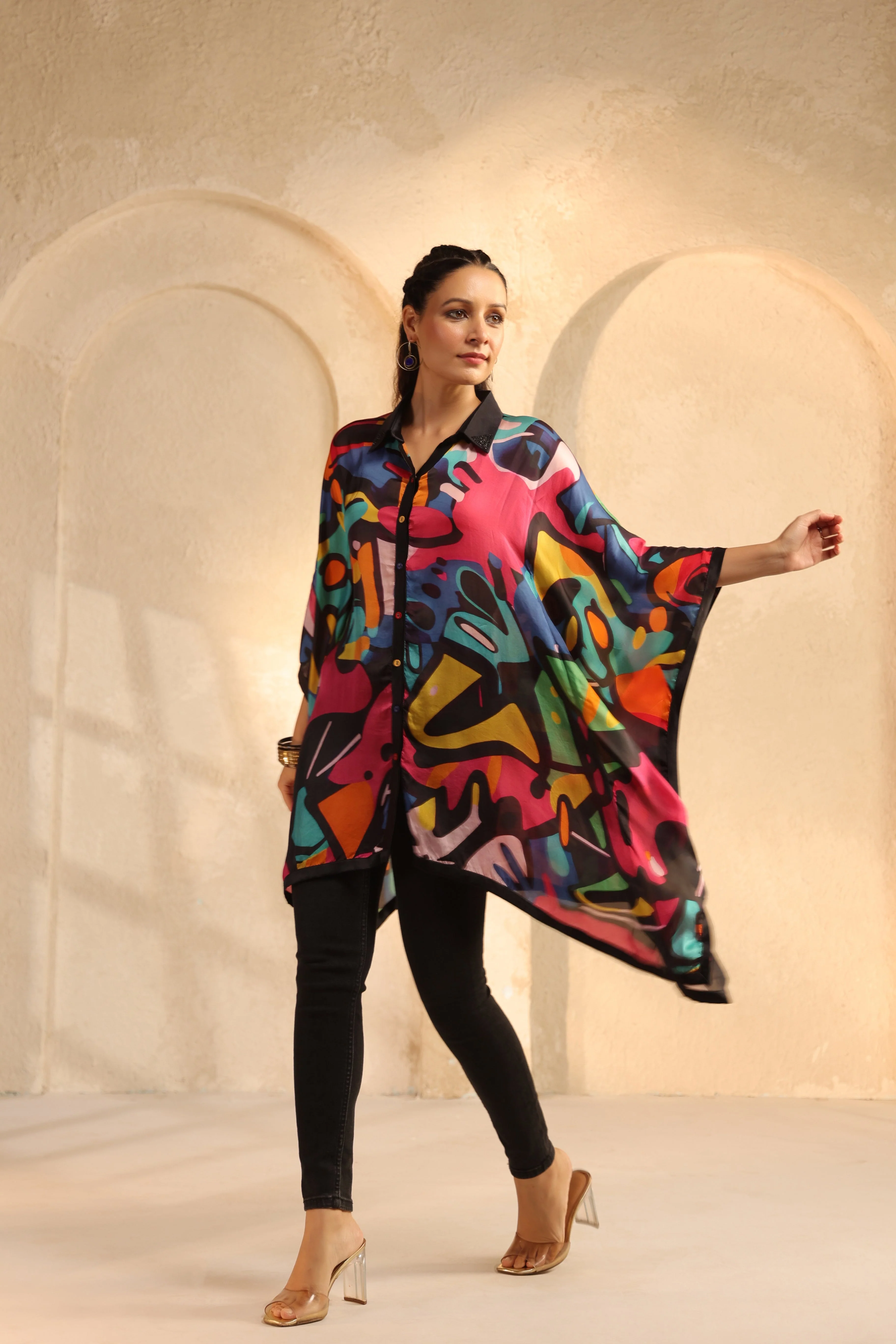 Black Abstract Printed Satin Silk Kaftan Top - Image 3