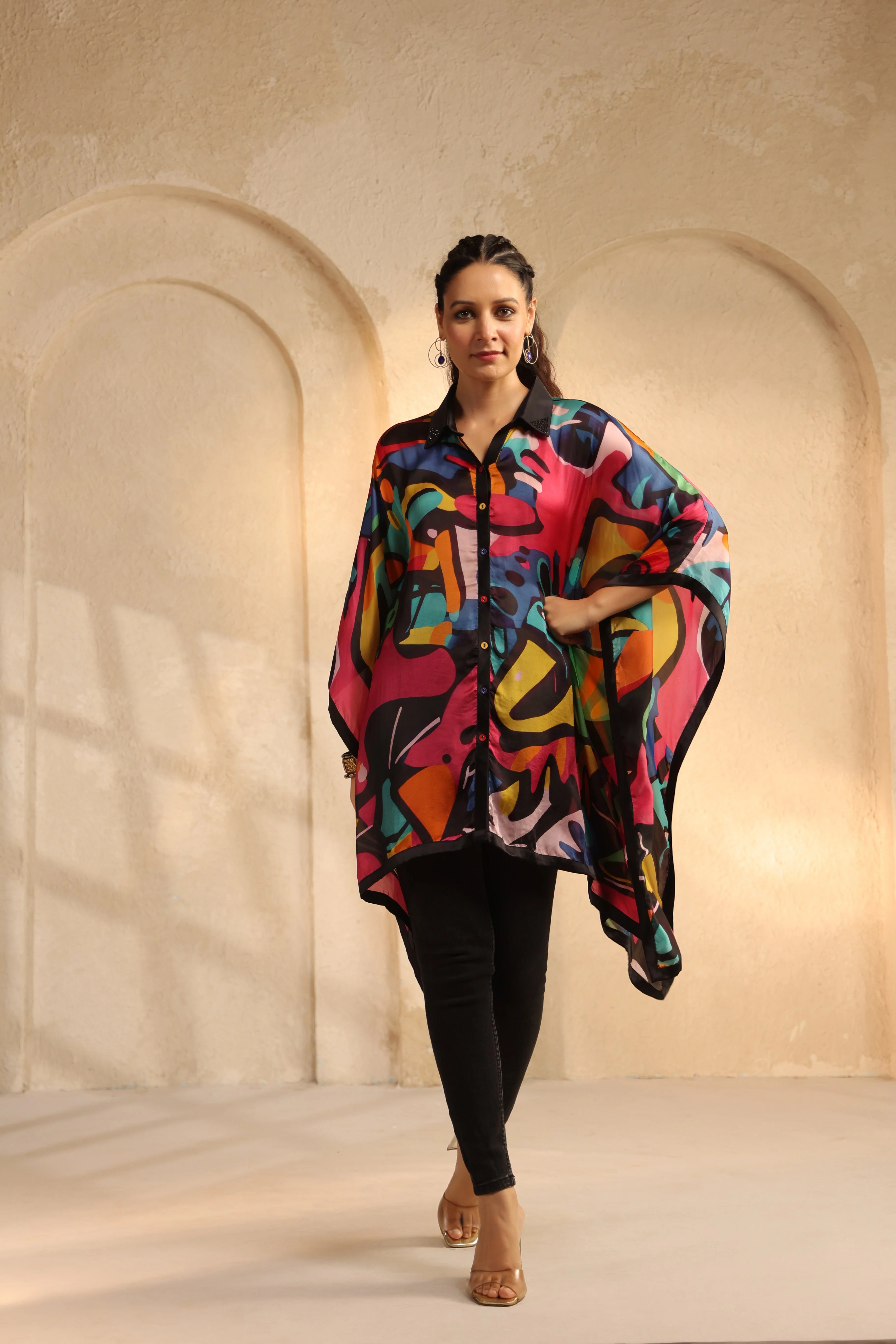Black Abstract Printed Satin Silk Kaftan Top - Image 4