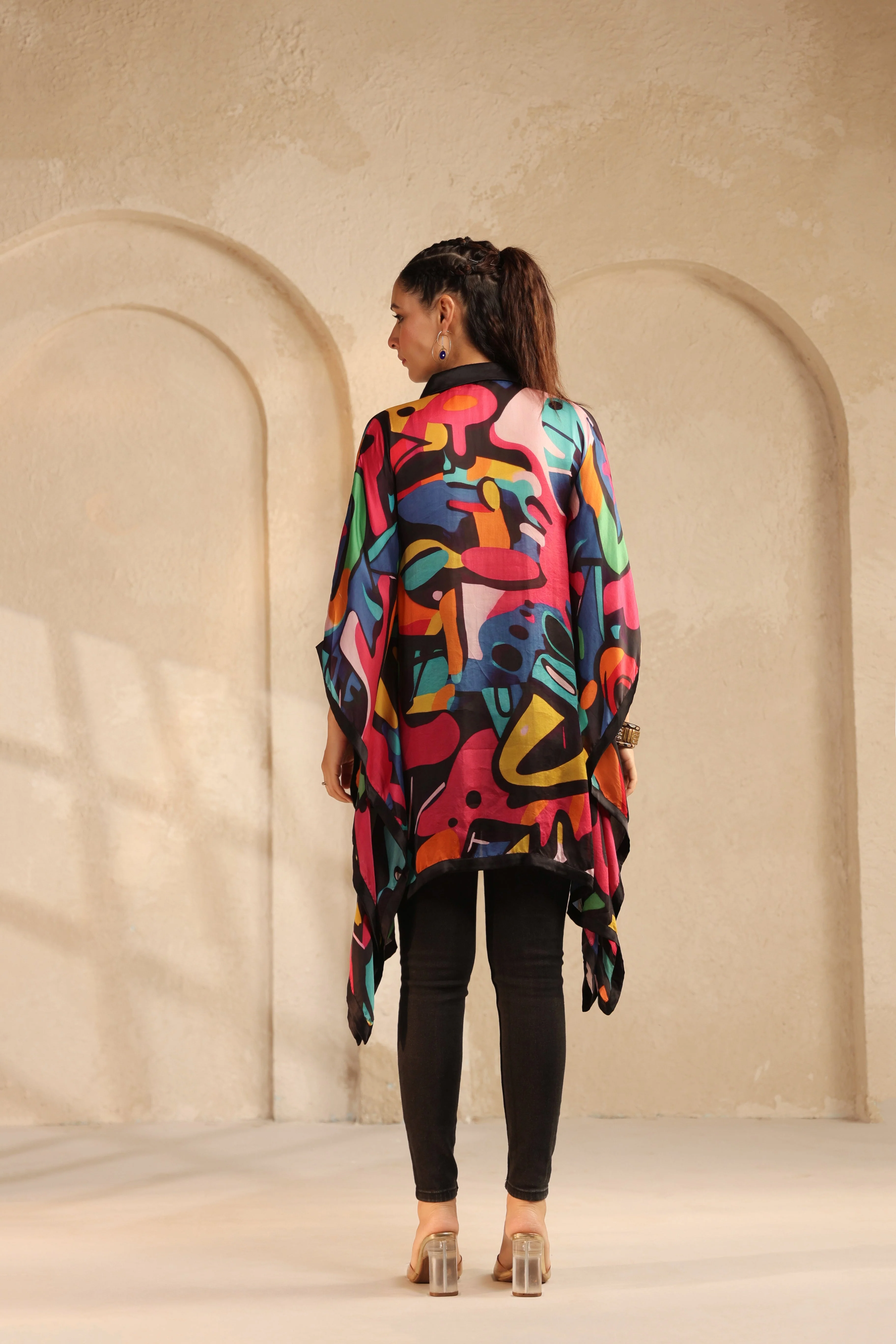Black Abstract Printed Satin Silk Kaftan Top - Image 5