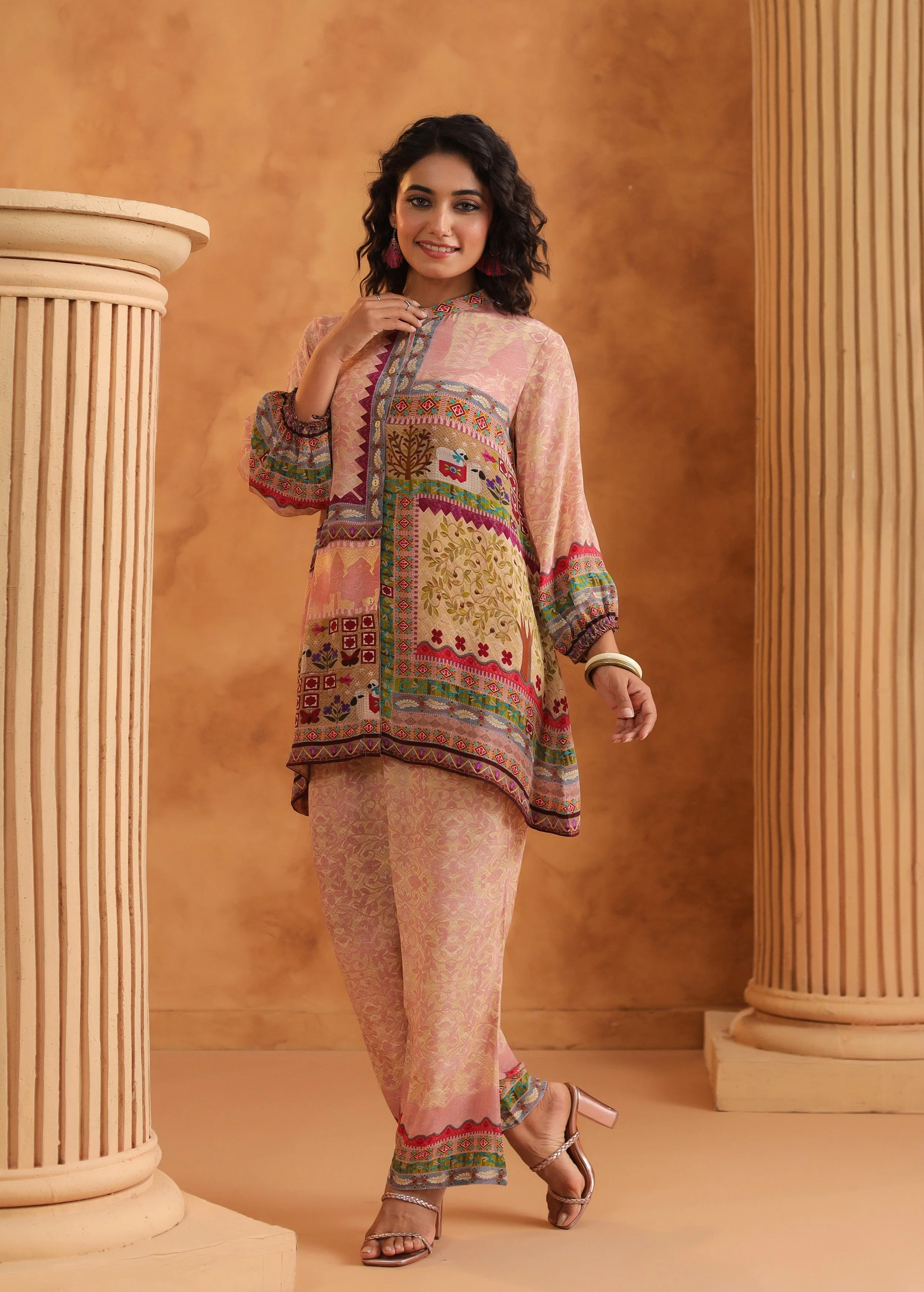 Pastel Pink Printed Viscose Crepe Co-Ord Set - Image 4