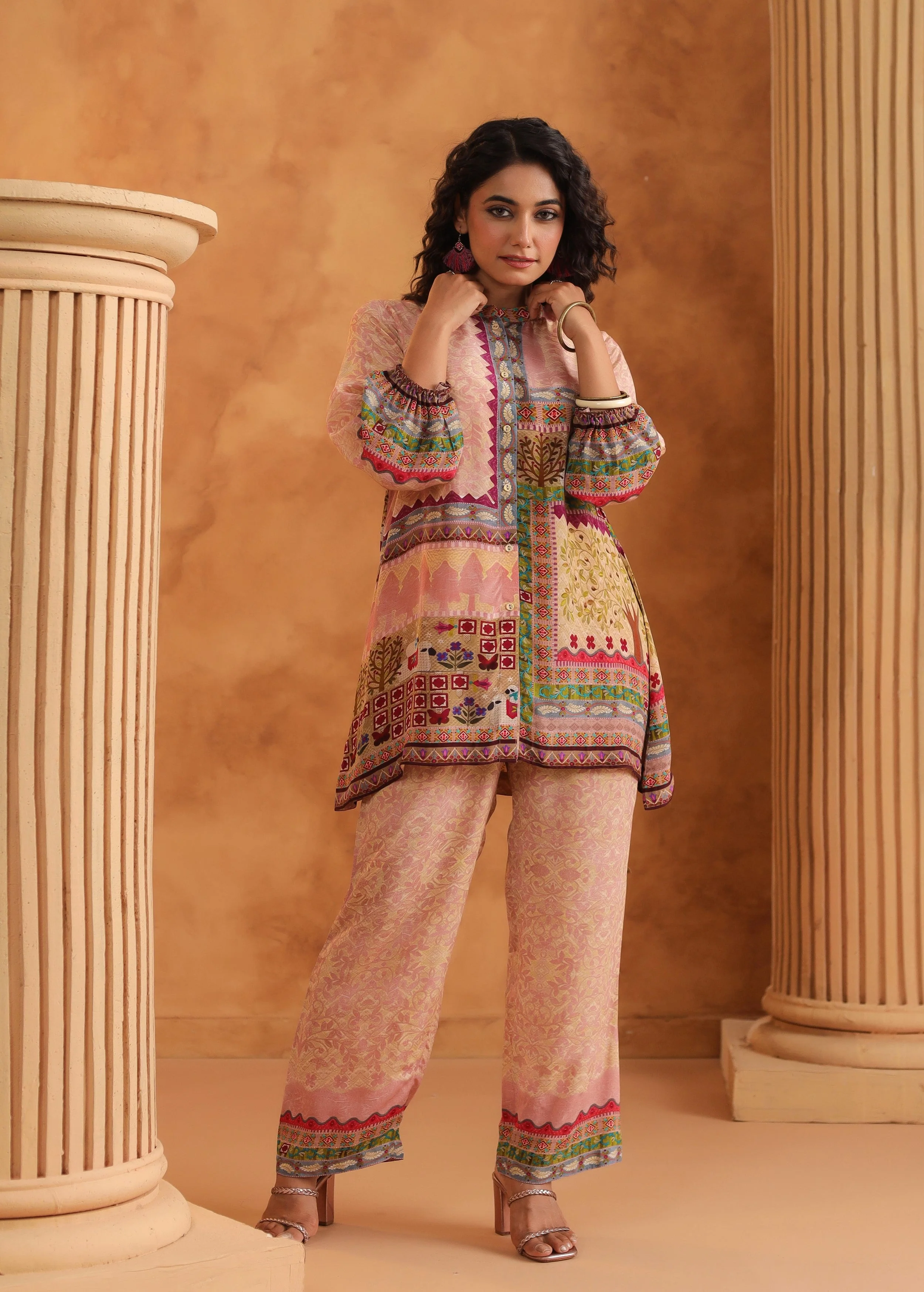 Pastel Pink Printed Viscose Crepe Co-Ord Set - Image 5