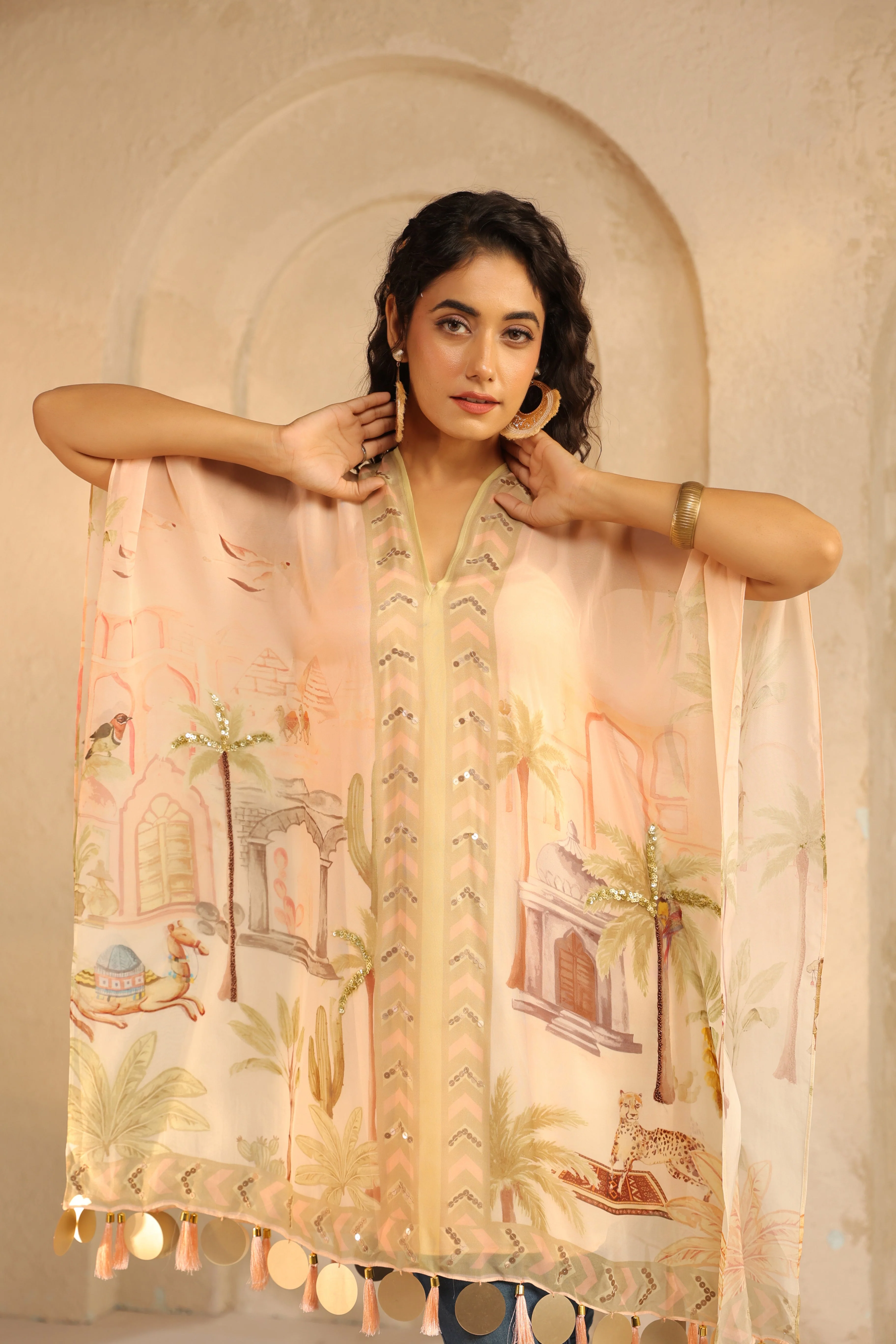 Pastel Peach Printed Viscose Organza Poncho Top - Image 2
