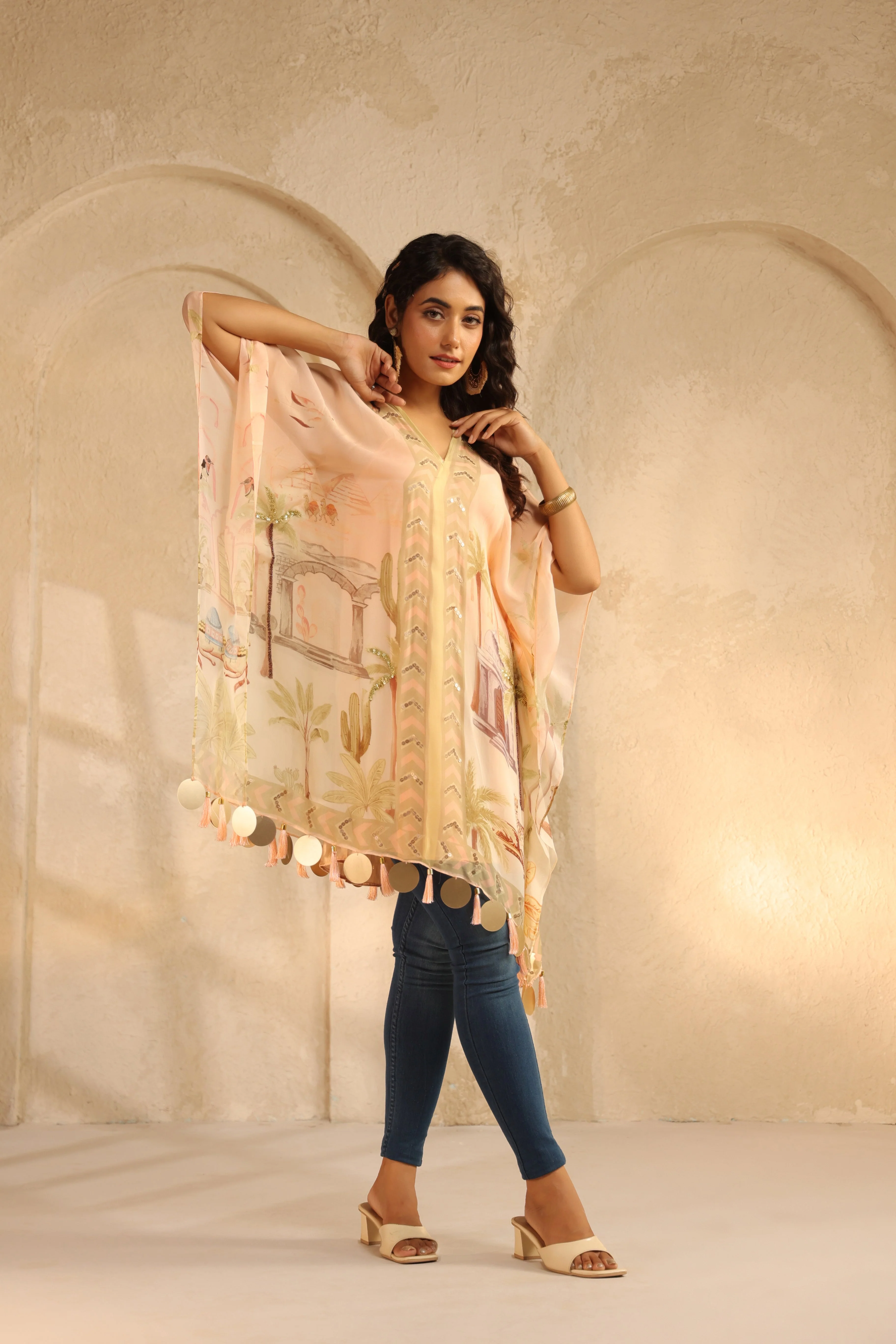 Pastel Peach Printed Viscose Organza Poncho Top - Image 3