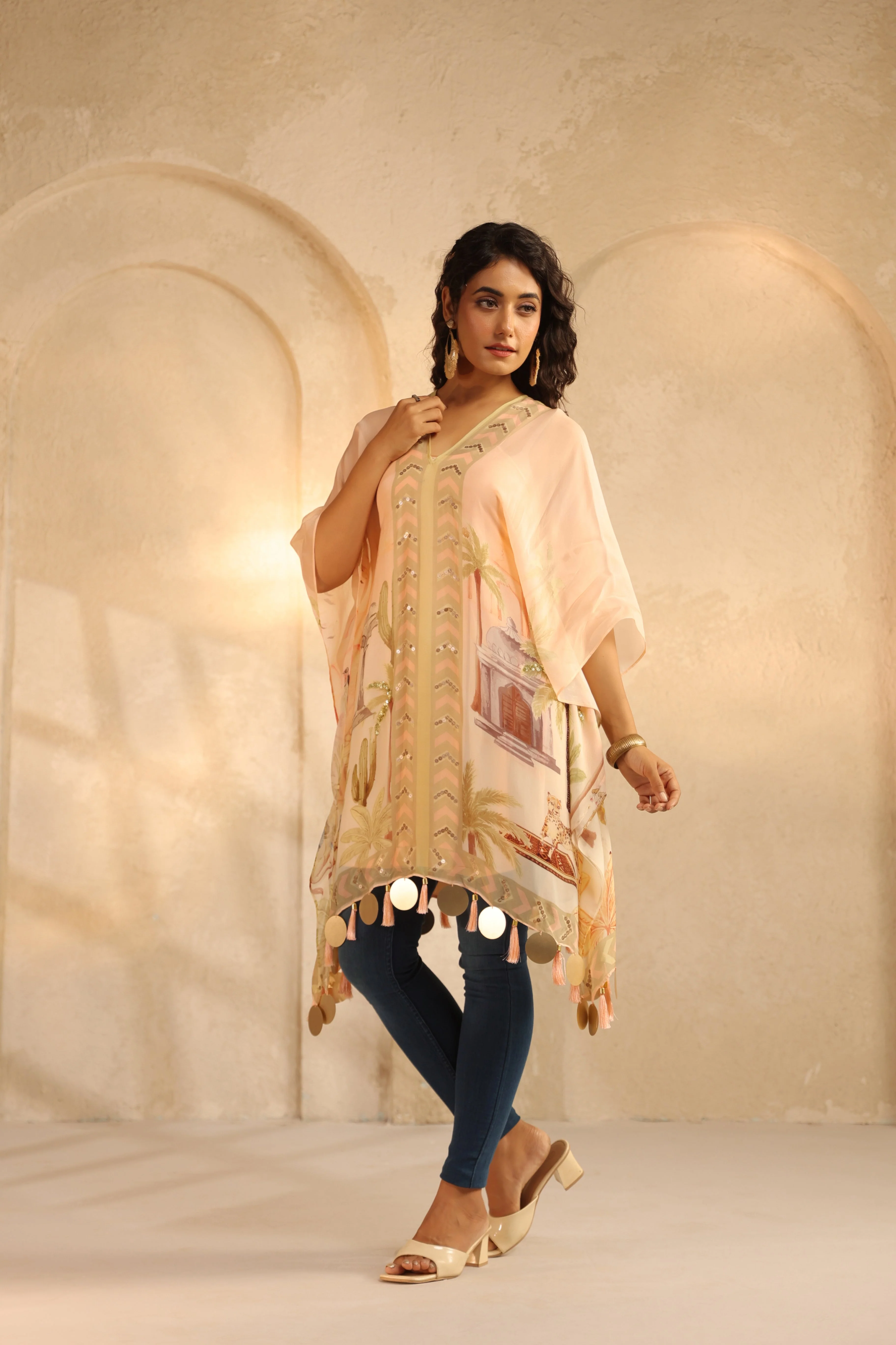 Pastel Peach Printed Viscose Organza Poncho Top - Image 4