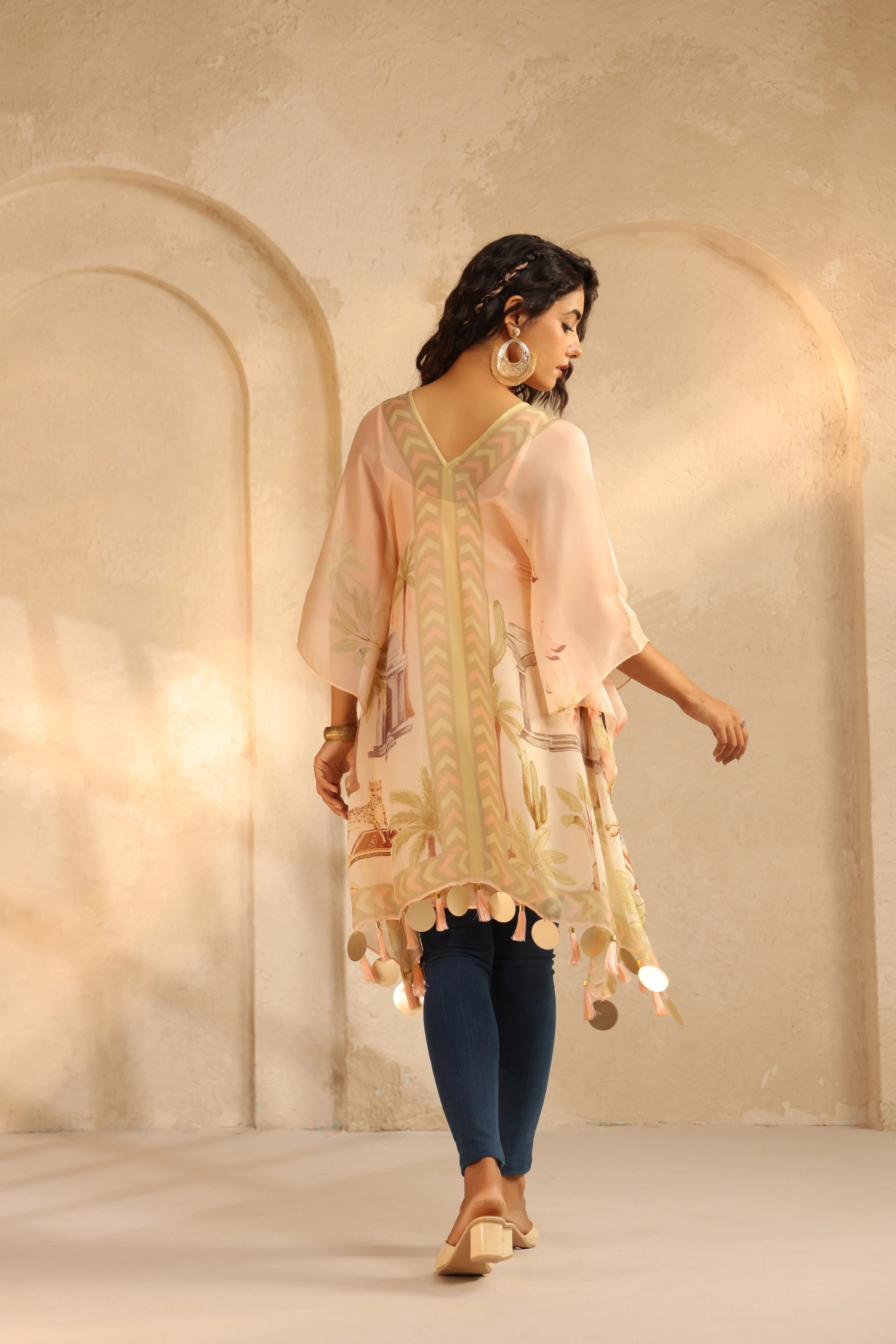 Pastel Peach Printed Viscose Organza Poncho Top - Image 5