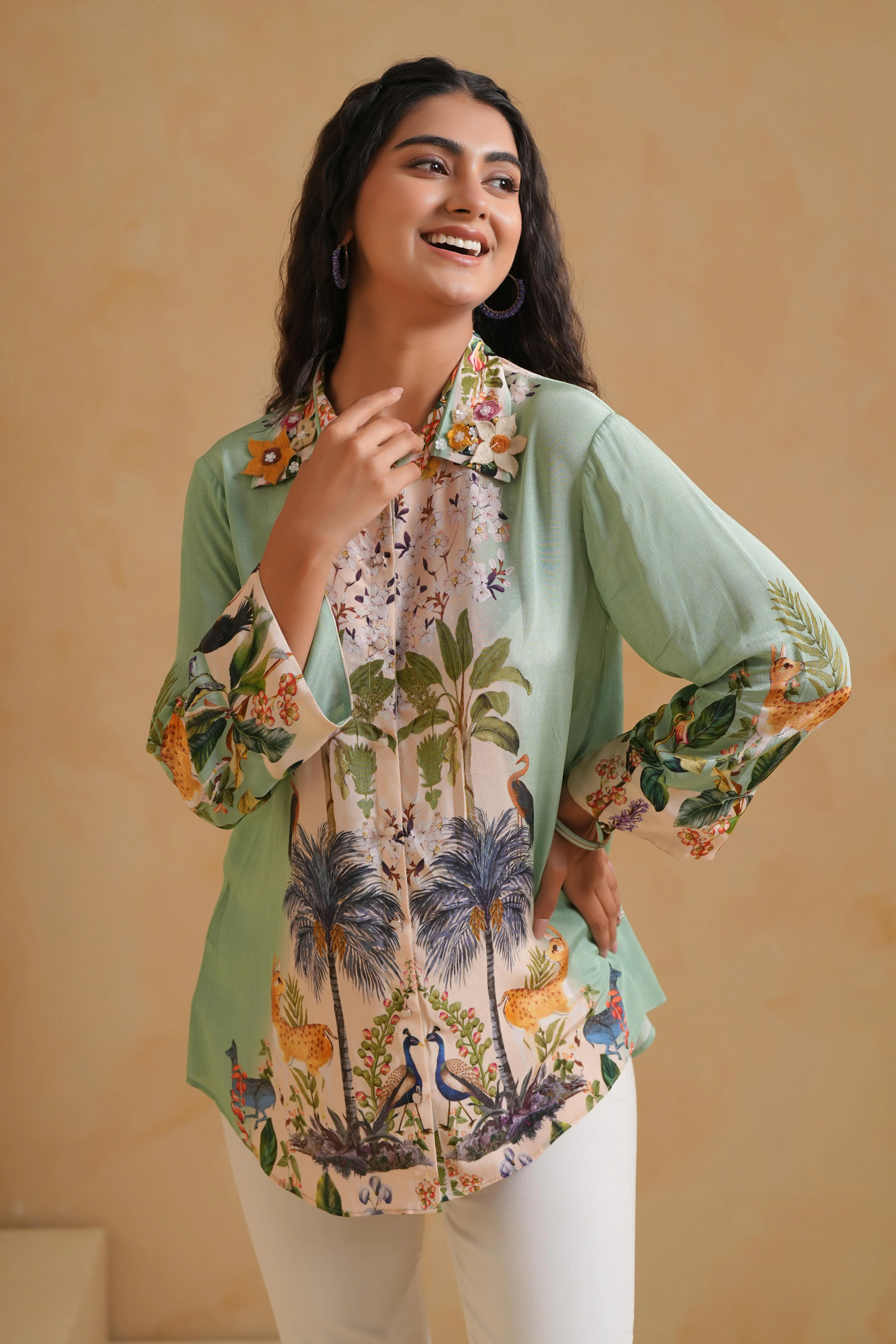 Soft Mint Green Printed Viscose Crepe Top - Image 2
