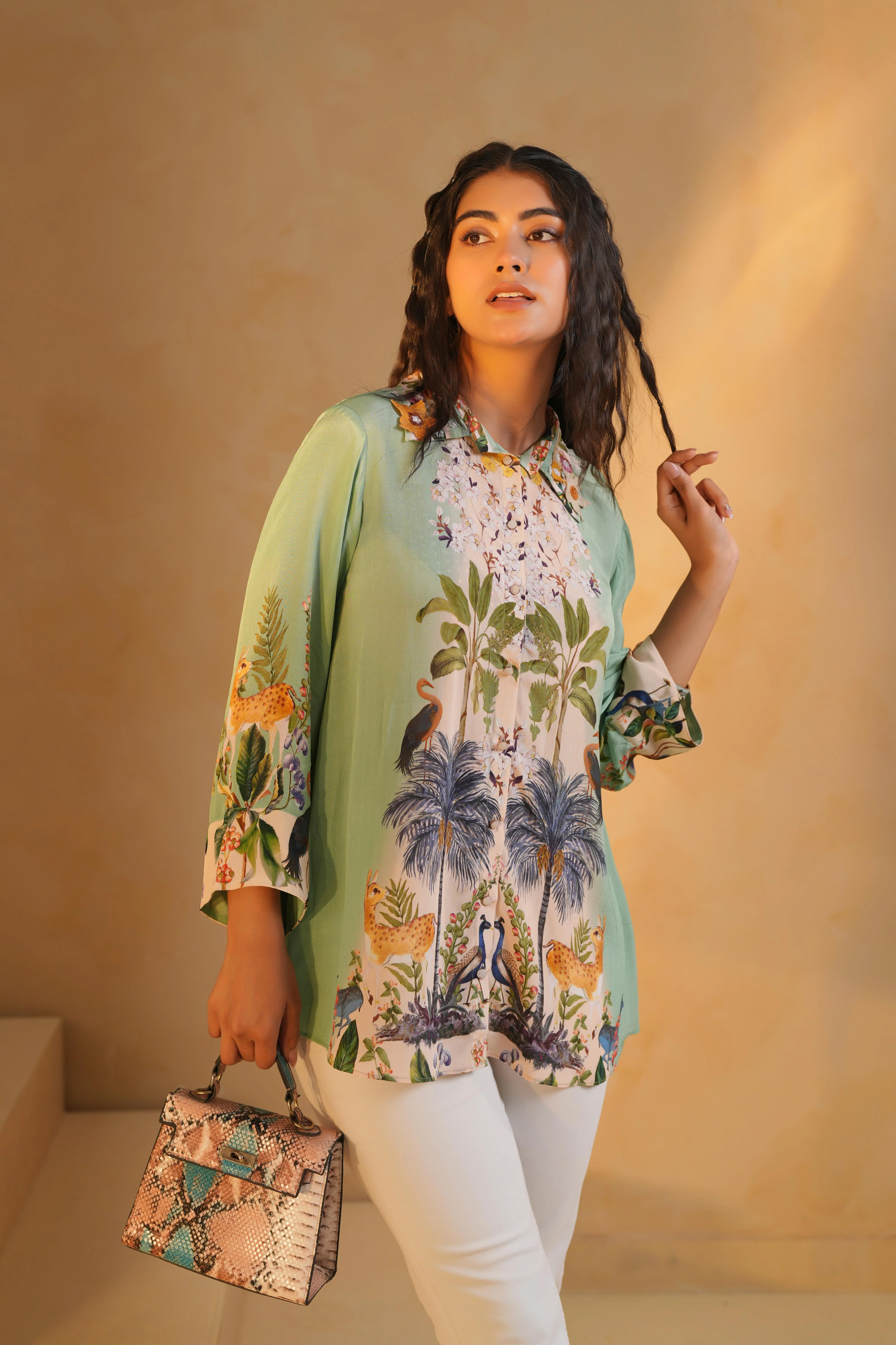 Soft Mint Green Printed Viscose Crepe Top - Image 3