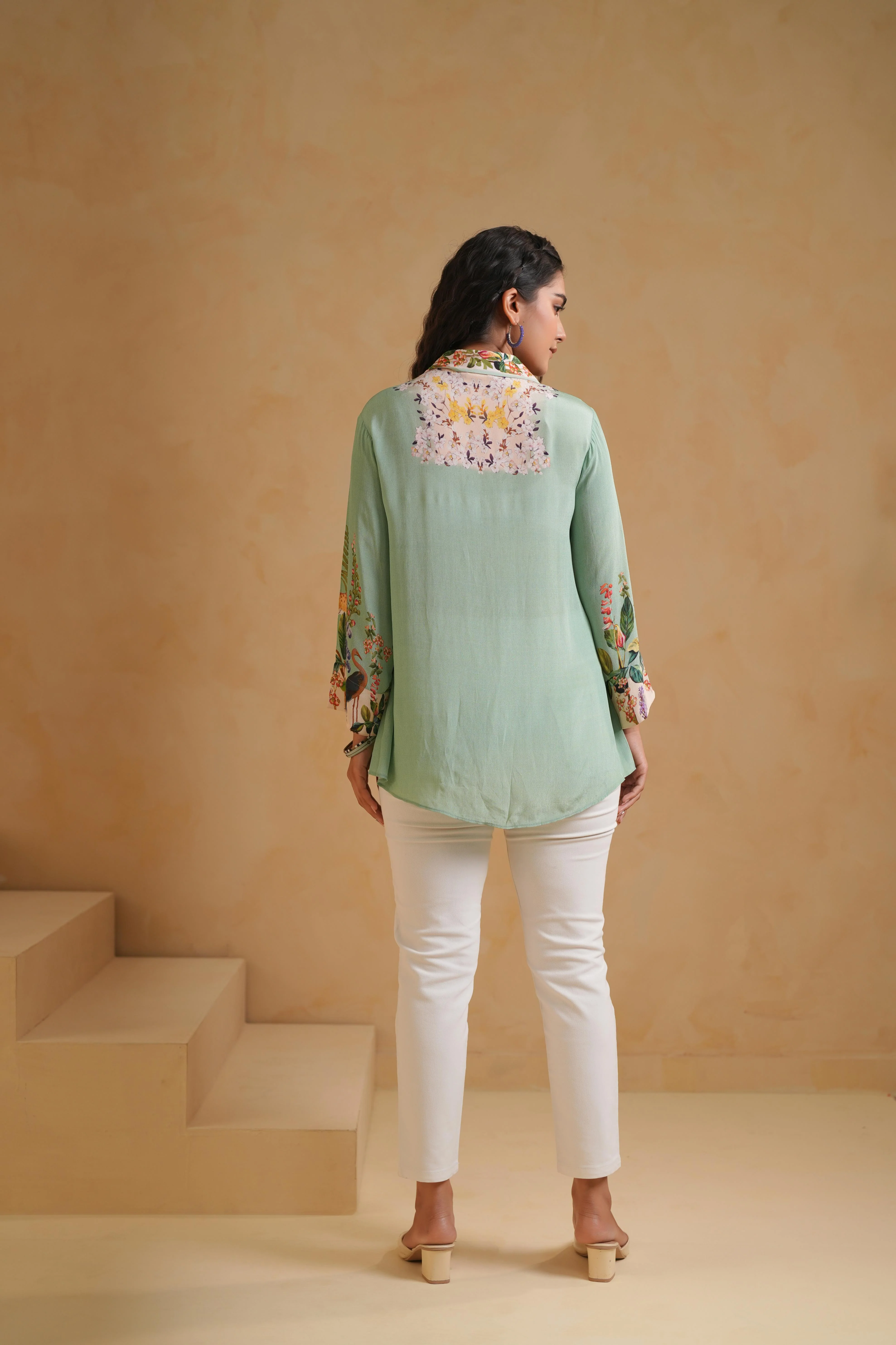 Soft Mint Green Printed Viscose Crepe Top - Image 4