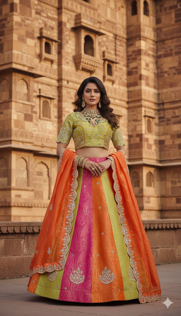 Multi-Color Zari Embroidered Banarasi Silk Lehenga Set
