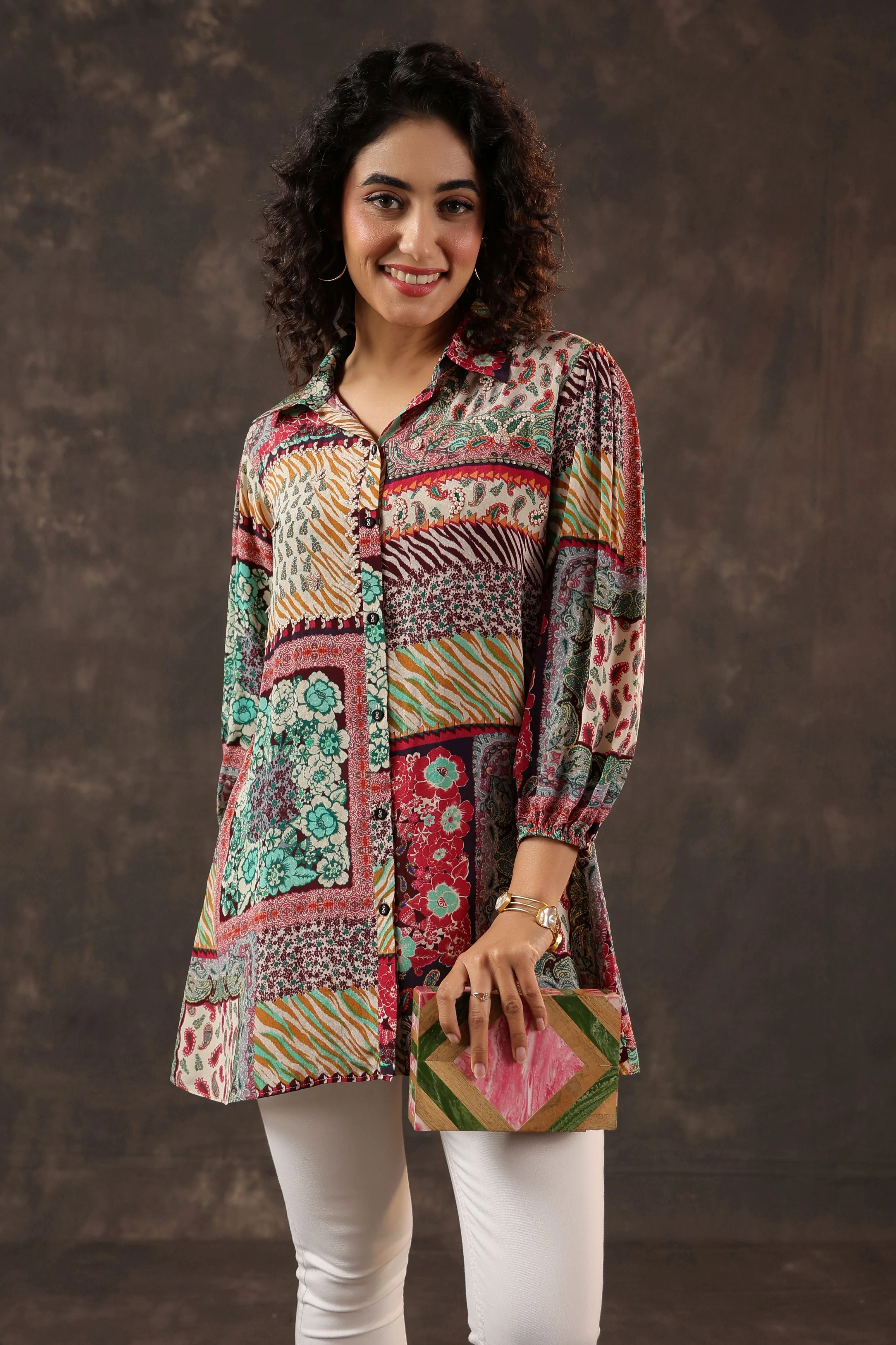 Multi-Hued Printed Crepe Silk Top - Image 2