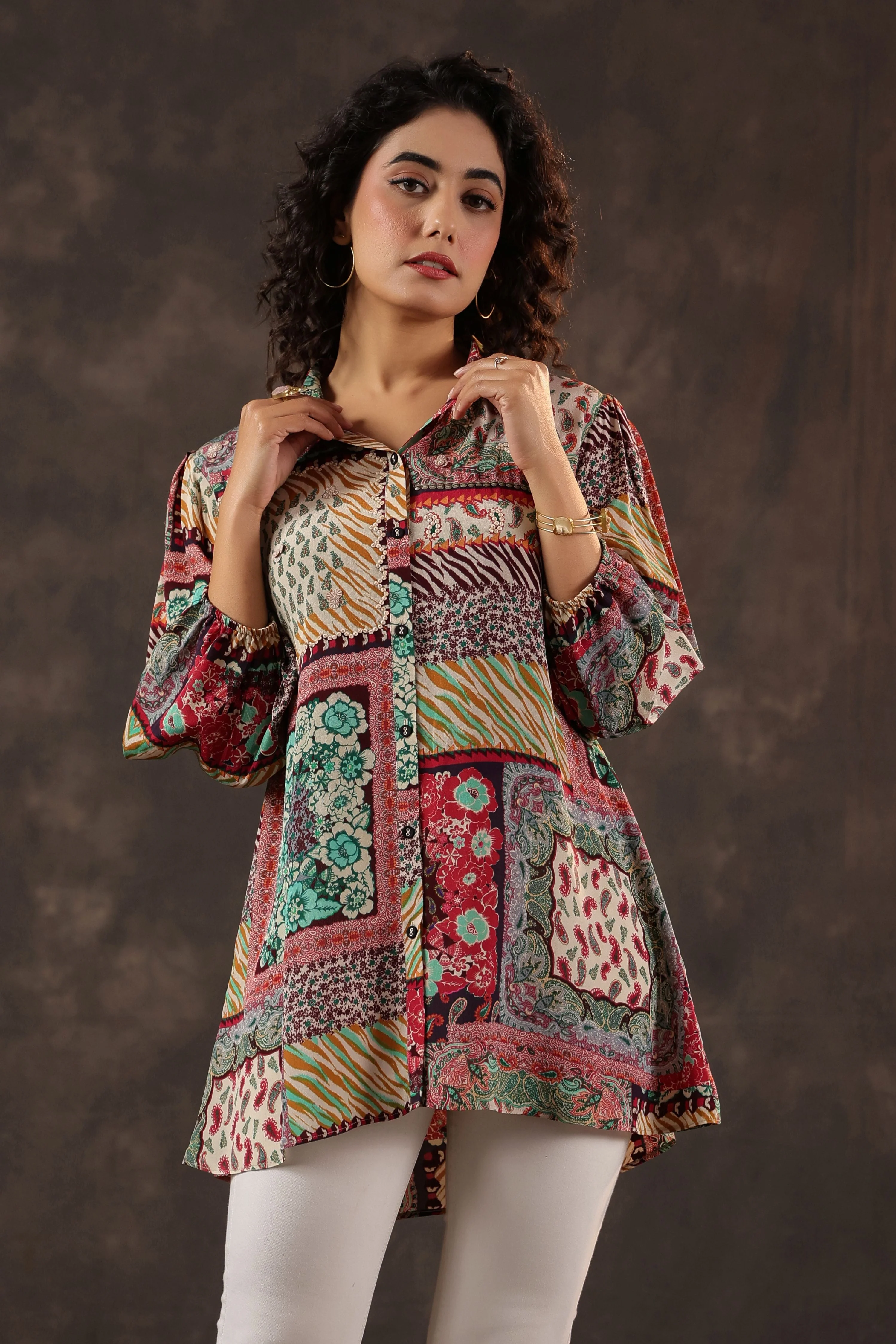 Multi-Hued Printed Crepe Silk Top - Image 3