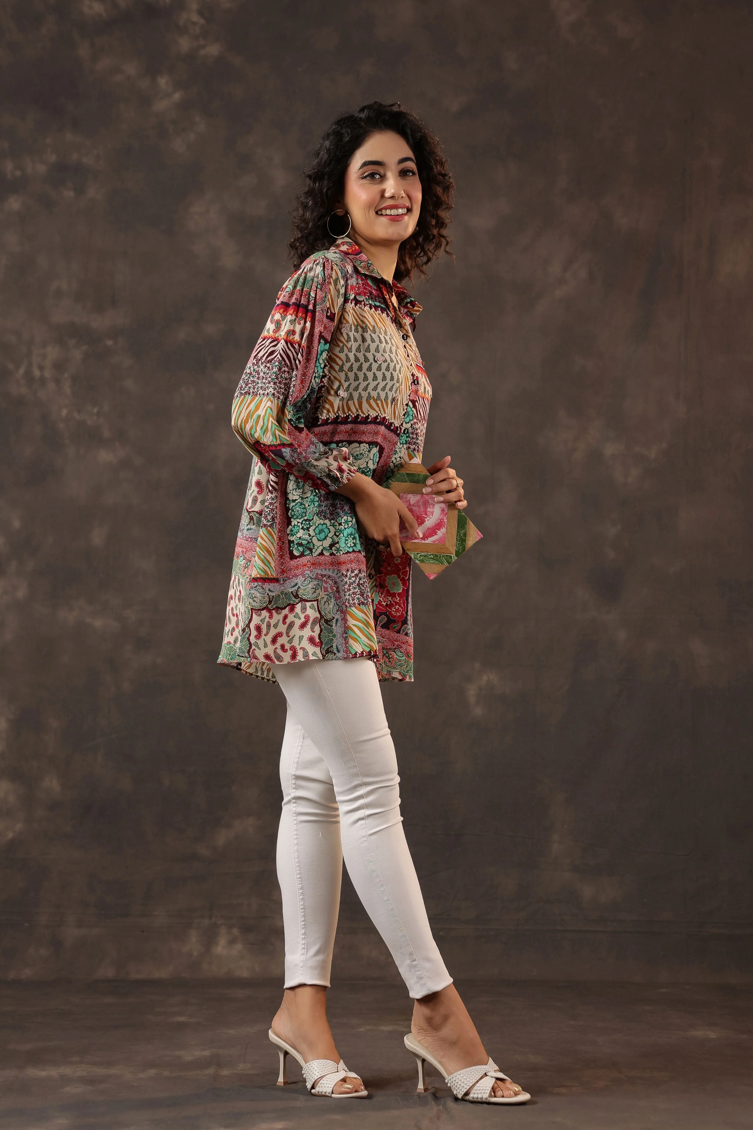 Multi-Hued Printed Crepe Silk Top - Image 4