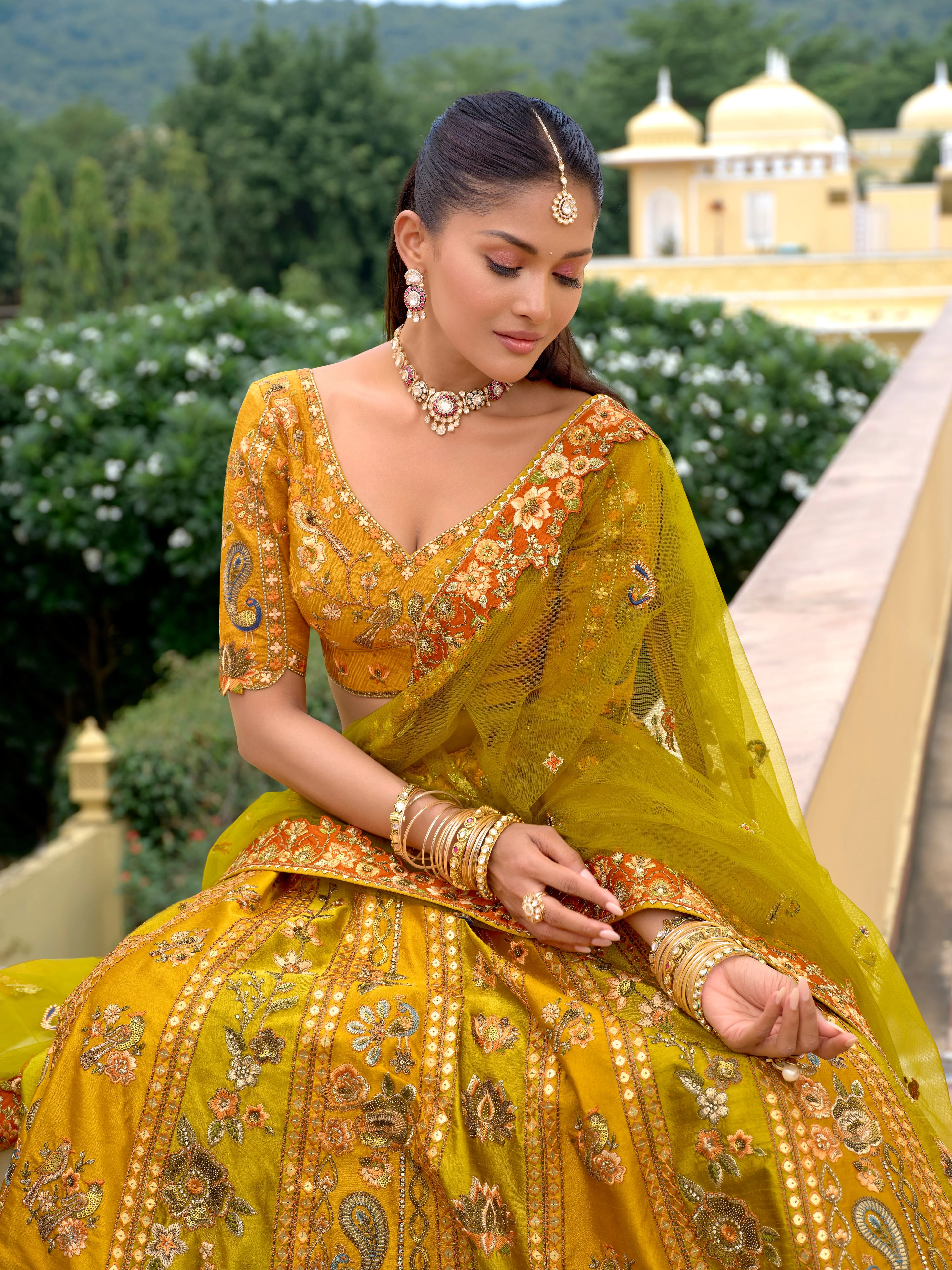 Elegant Mustard Yellow Embroidered Pure Viscose Satin Lehenga Set - Image 2