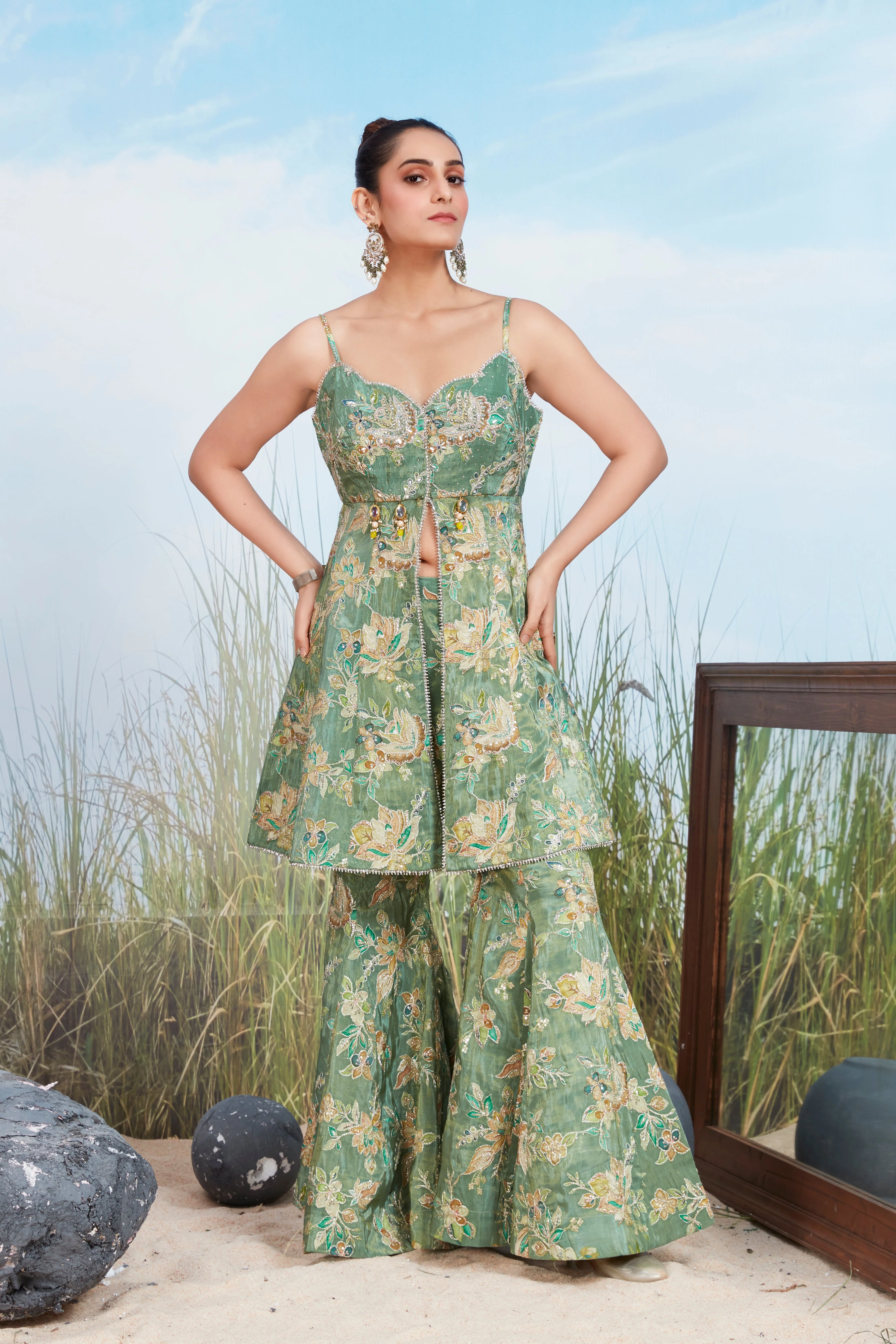 Sage Green Embellished Shimmer Tissue Silk Palazzo Set - Image 2