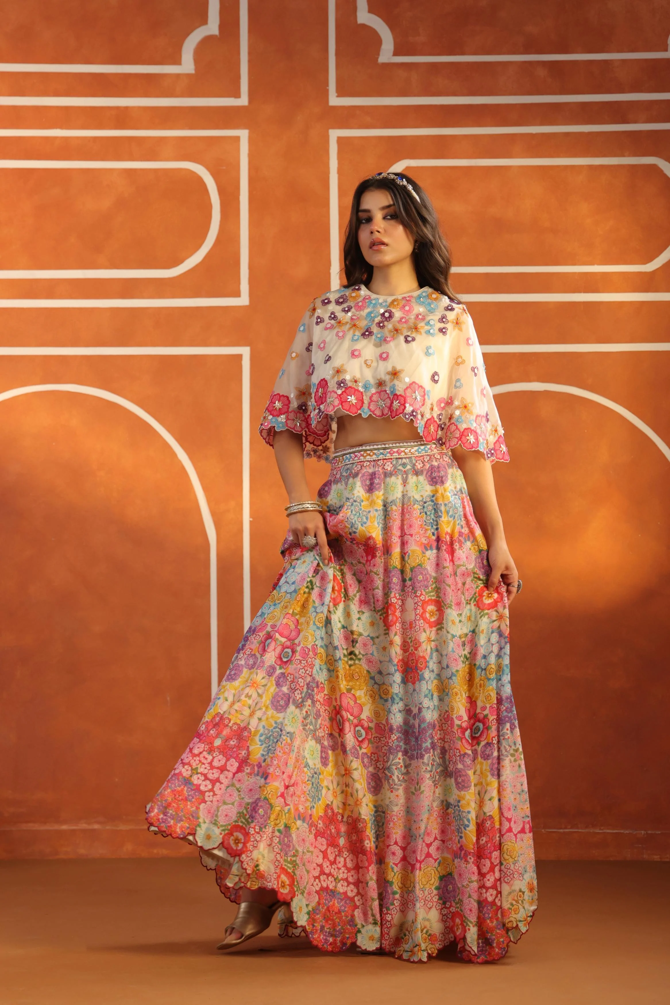 Ivory Multicolor Embellished Organdi Silk Lehenga Set - Image 3