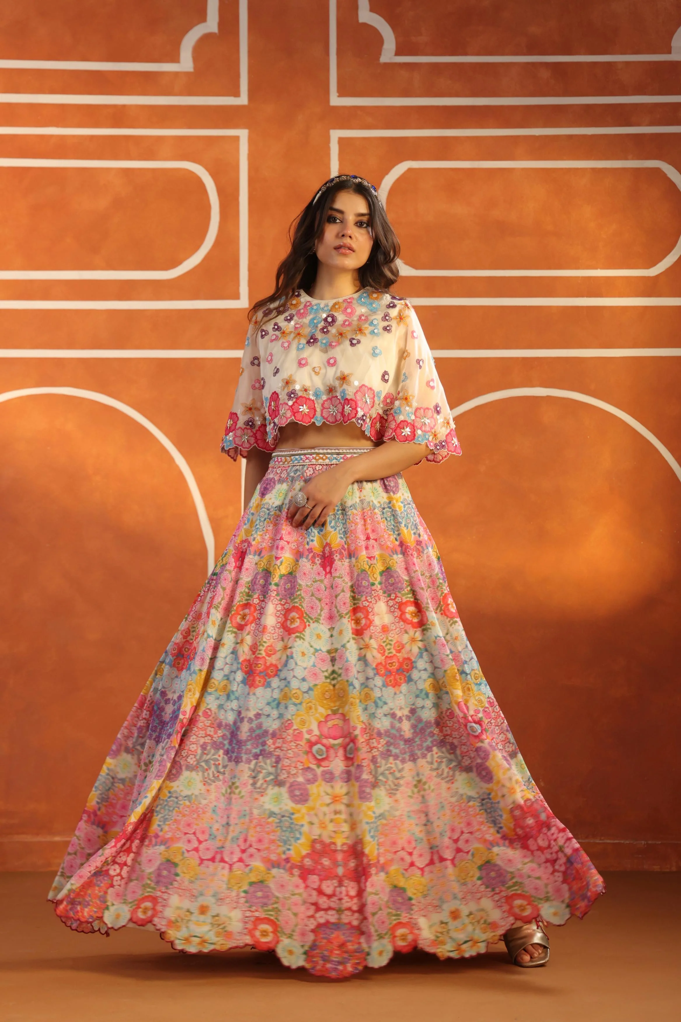 Ivory Multicolor Embellished Organdi Silk Lehenga Set - Image 4