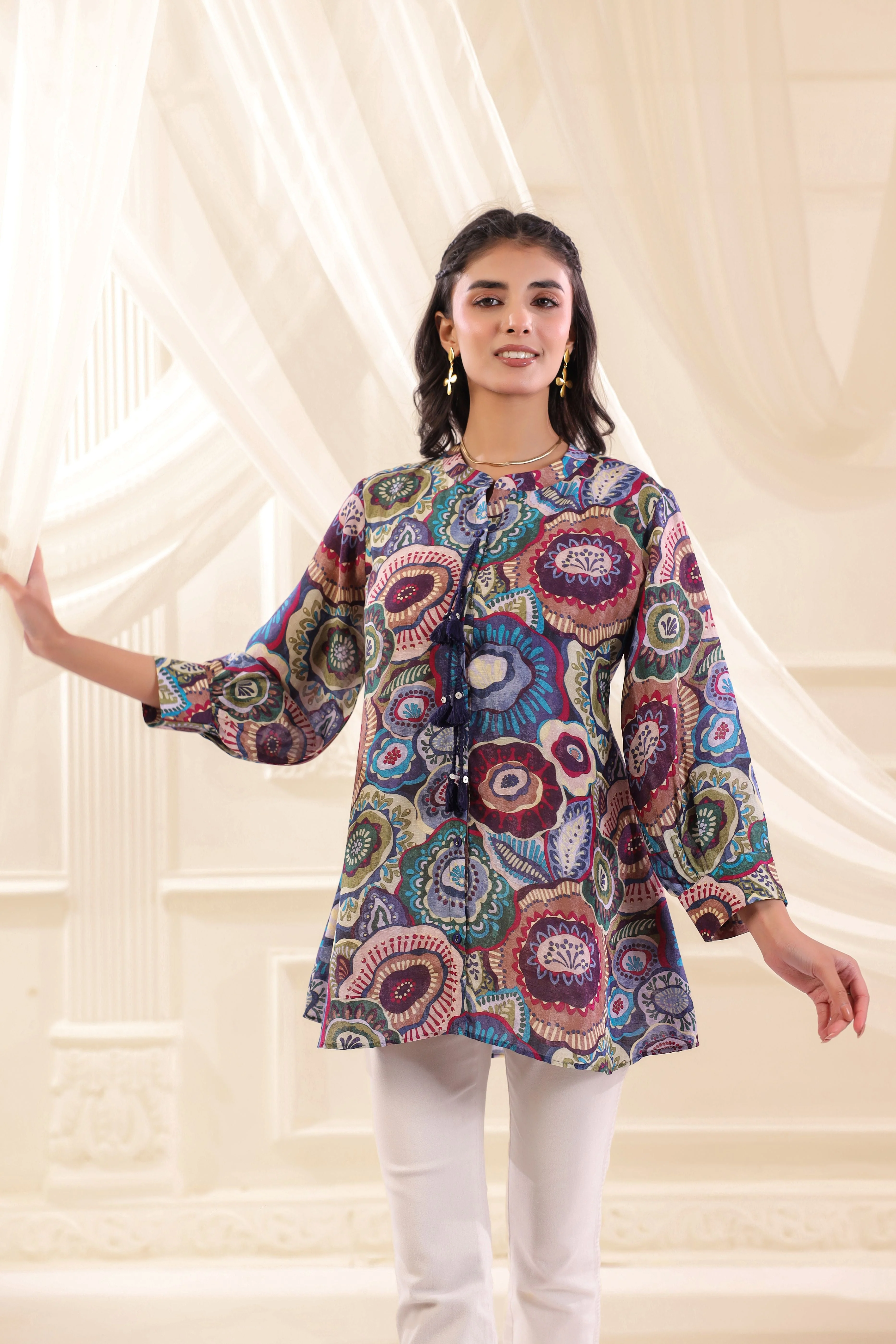 Multicolor Floral Printed Linen Top - Image 3
