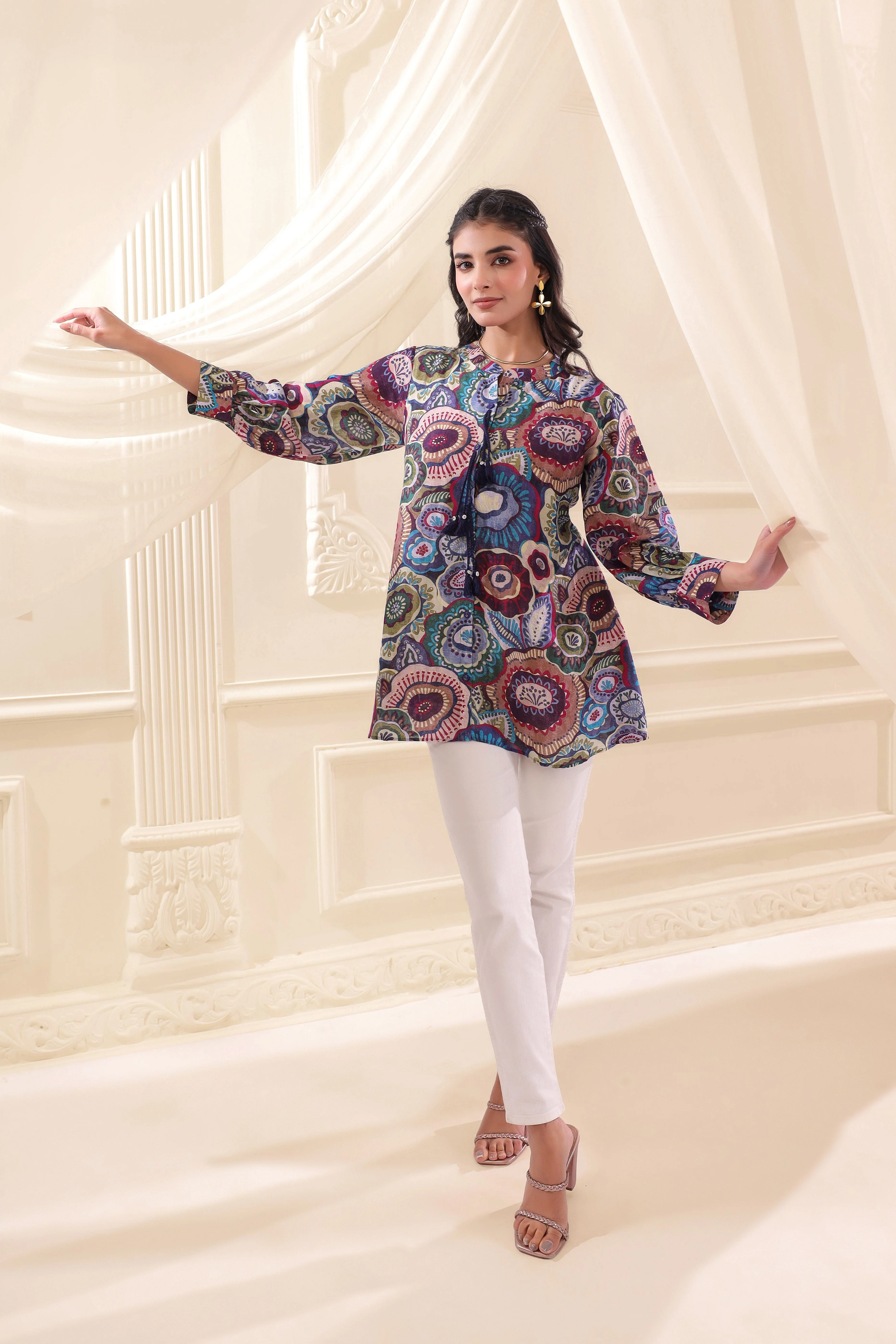 Multicolor Floral Printed Linen Top - Image 4