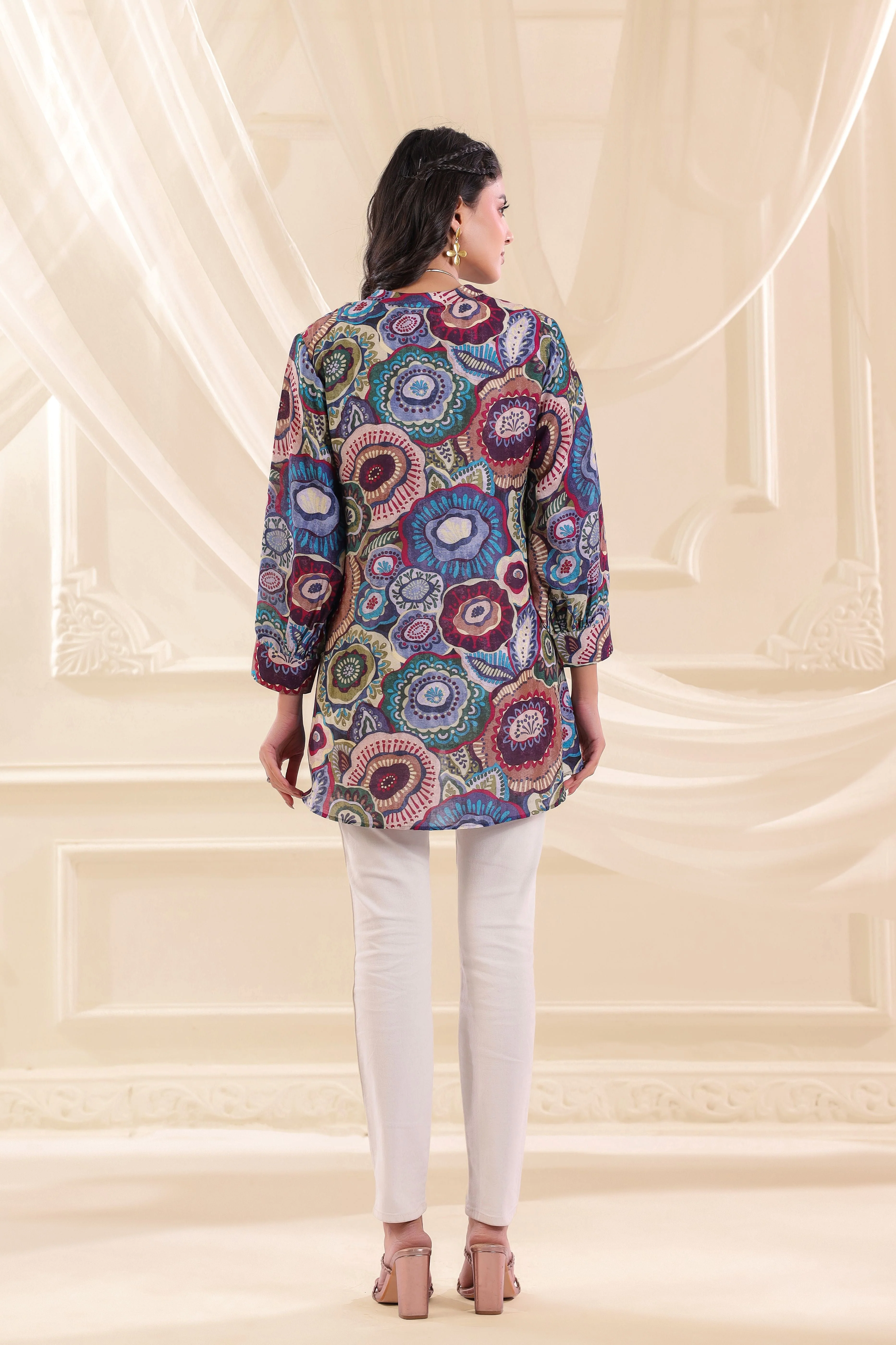Multicolor Floral Printed Linen Top - Image 5