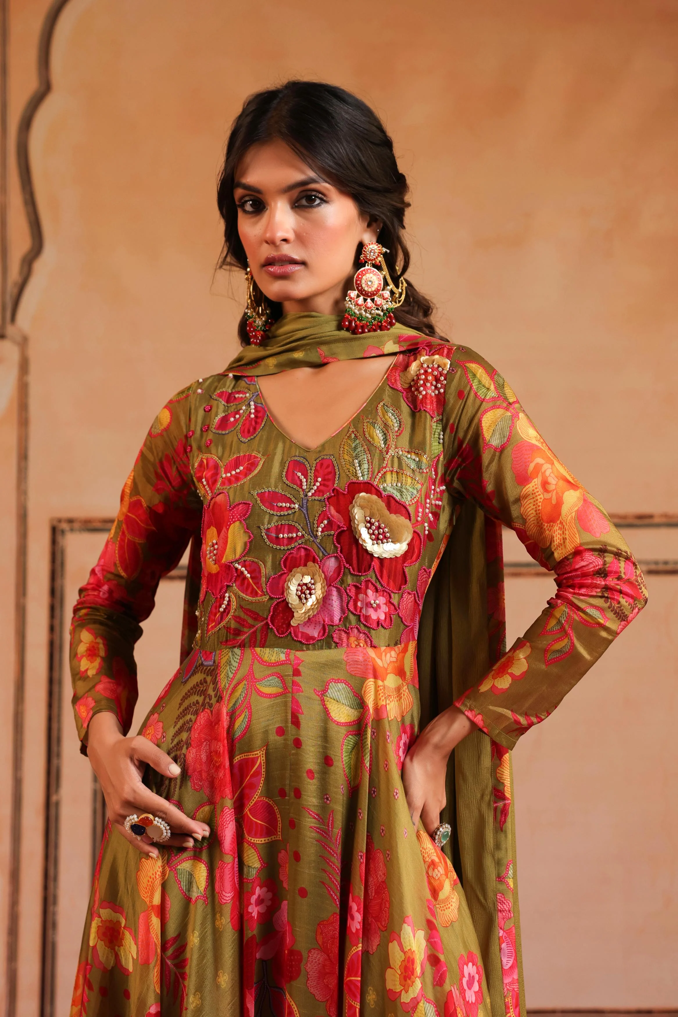 Multicolor Printed Glans Organza Silk Anarkali Set - Image 2