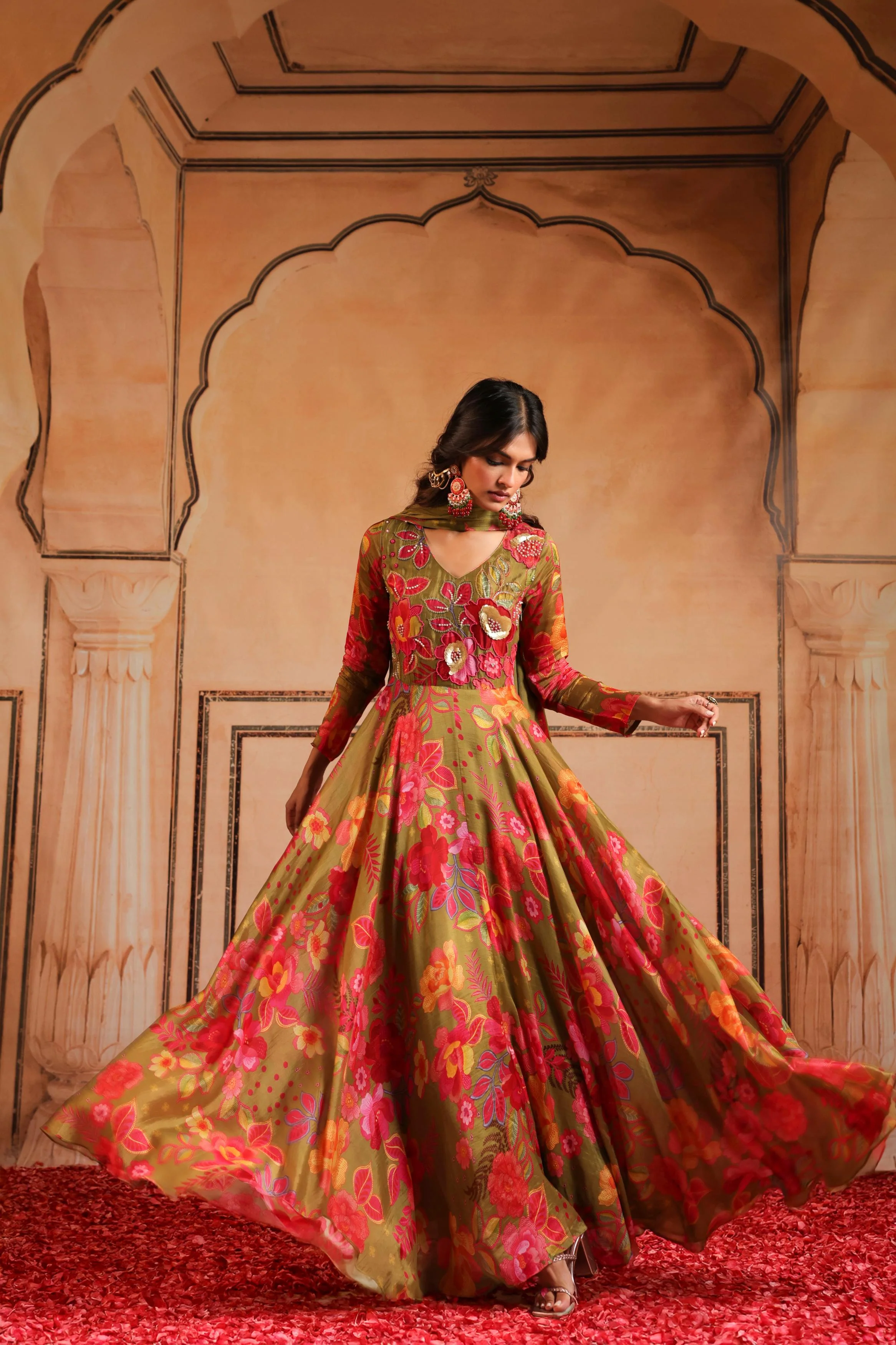 Multicolor Printed Glans Organza Silk Anarkali Set - Image 3