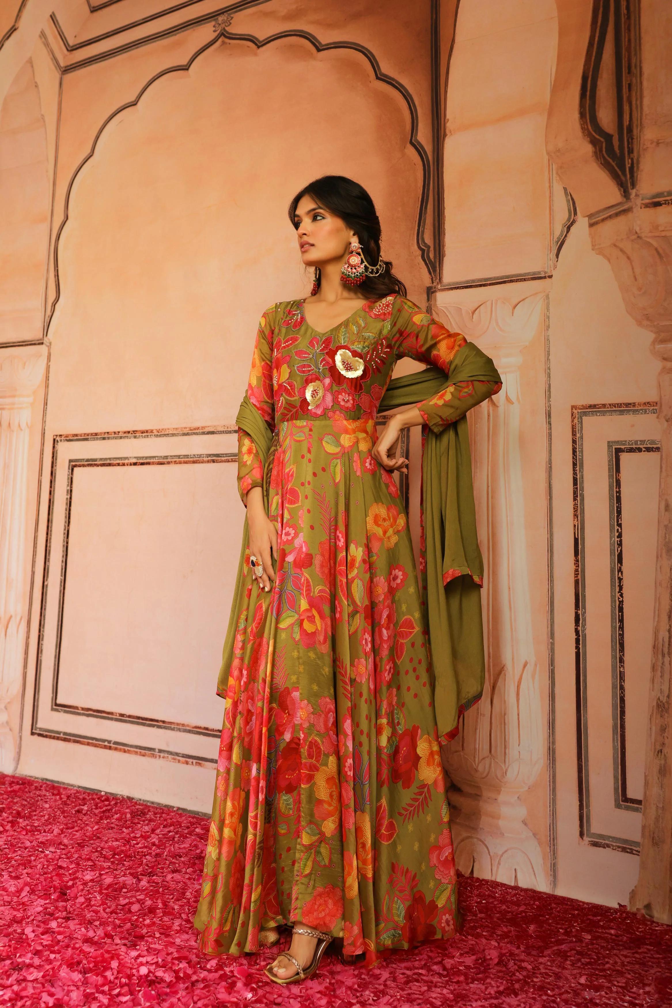 Multicolor Printed Glans Organza Silk Anarkali Set - Image 4