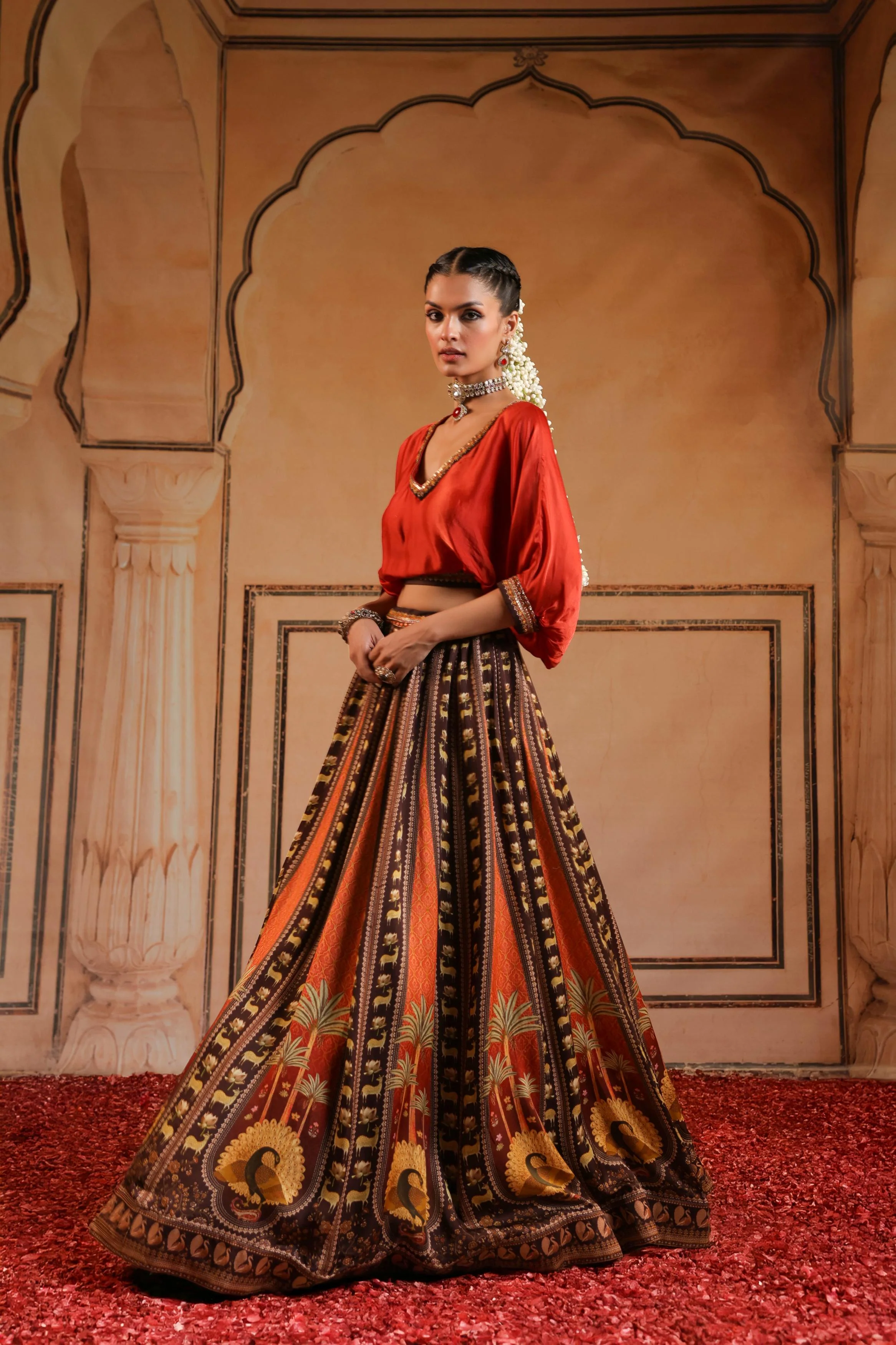 Multicolor Printed Satin Silk Skirt Set - Image 3